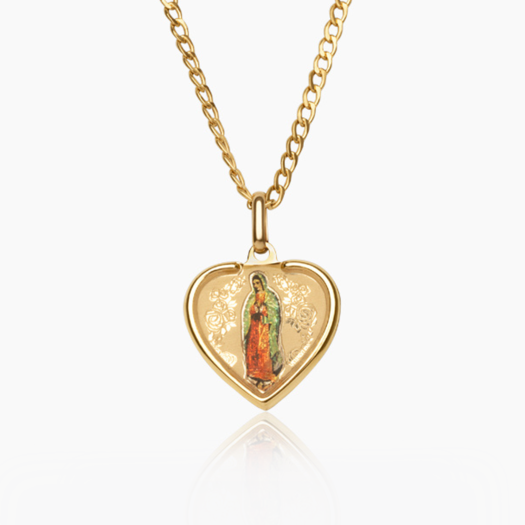 14K YELLOW GOLD HEART OF DEVOTION VIRGIN MARY NECKLACE
