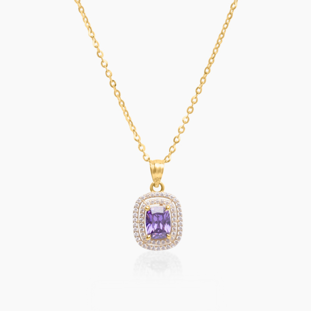 14K YELLOW GOLD DOUBLE HALO VIOLET PENDANT NECKLACE