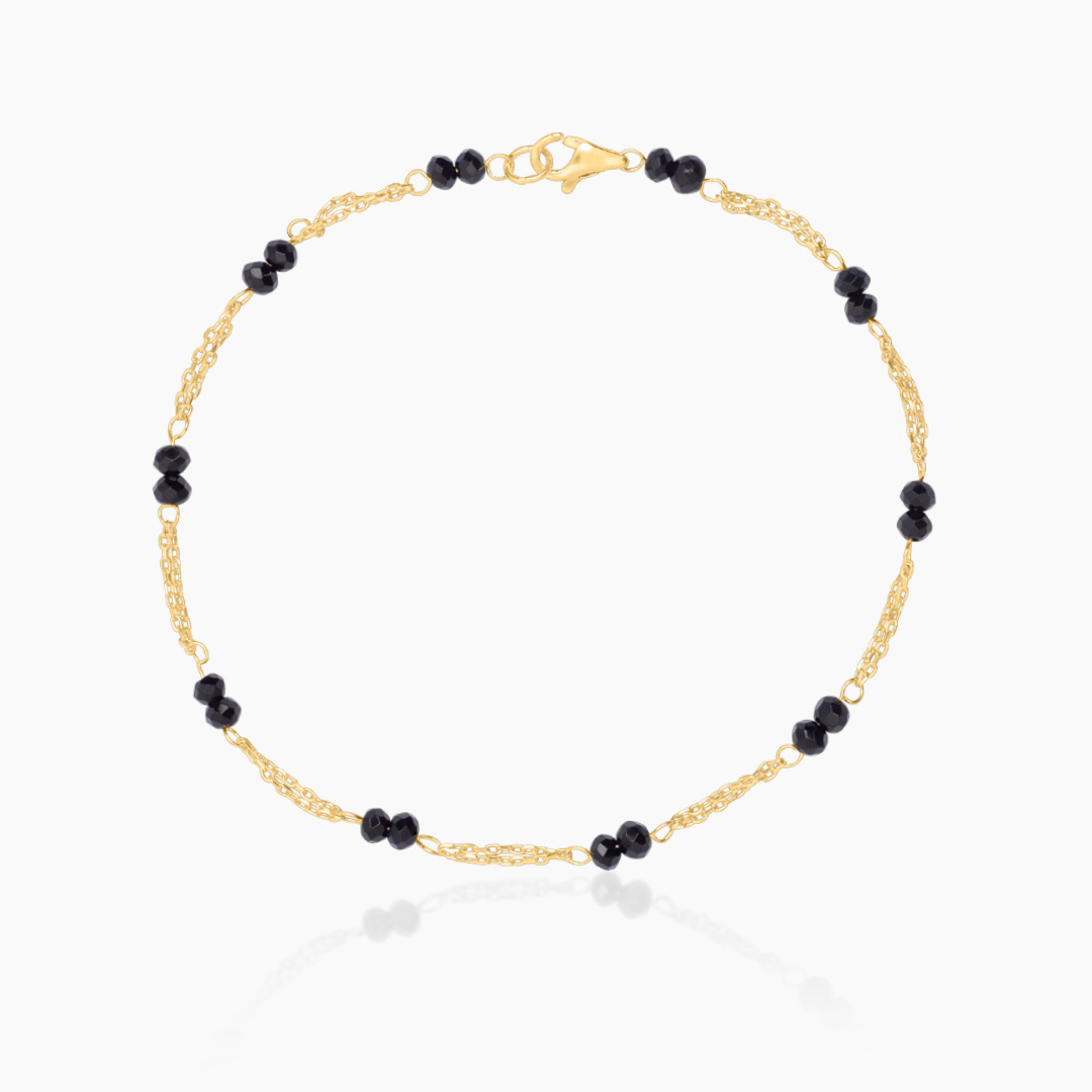14K YELLOW GOLD BLACK BEADED DOUBLED LINKS BRACELET
