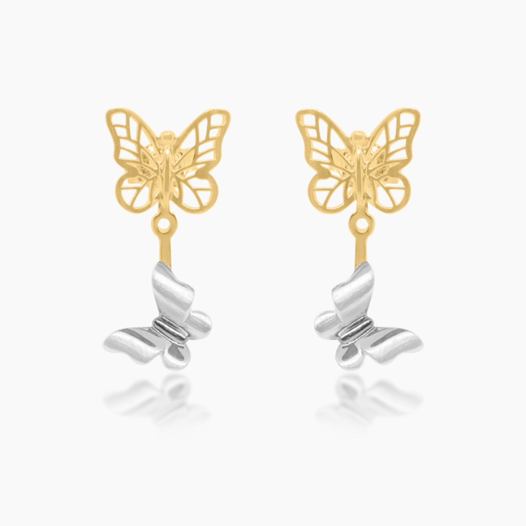 14K TWO TONED GOLD BUTTERFLY DREAMER DROP EARRINGS