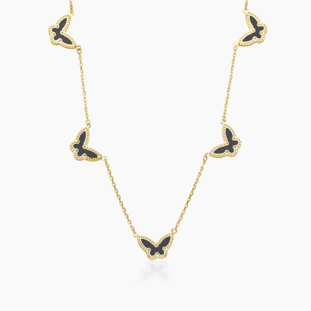 14K YELLOW GOLD ONYX BUTTERFLIES NECKLACE