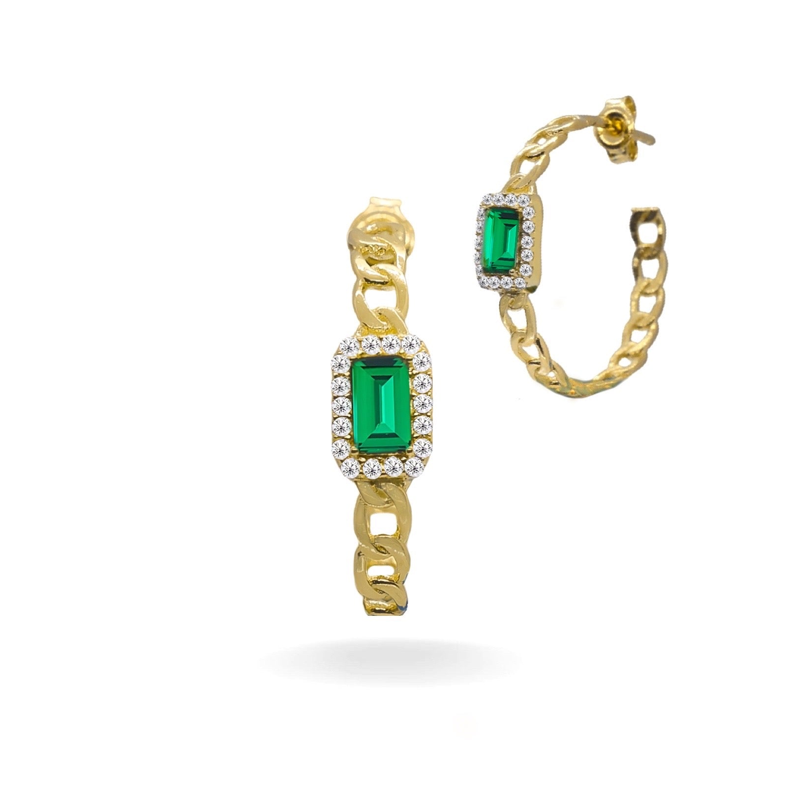 14K YELLOW GOLD RADIANT EMERALD CUBAN LINK HOOP EARRINGS