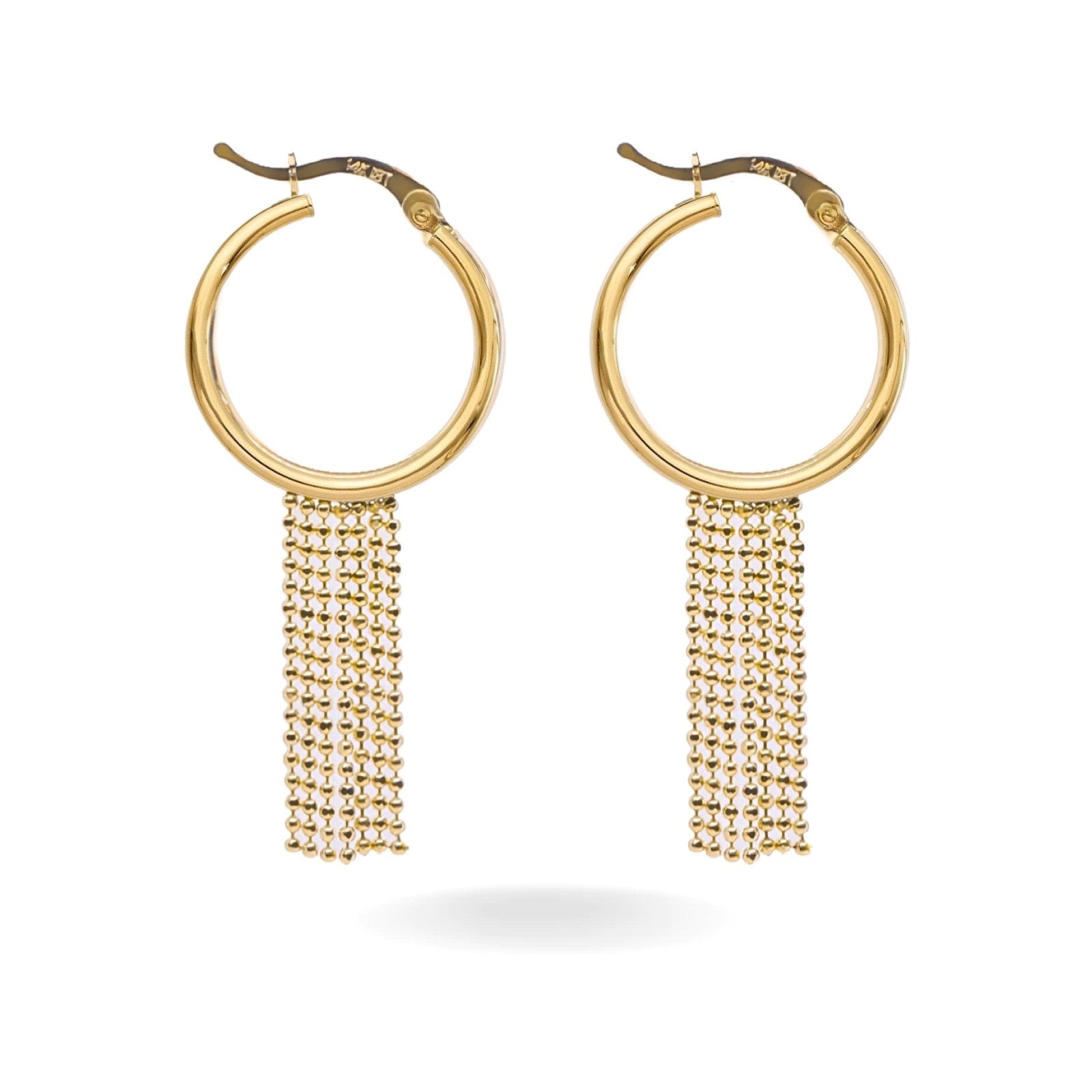 14K YELLOW GOLD BEAD CURTAIN DROP HOOP EARRINGS