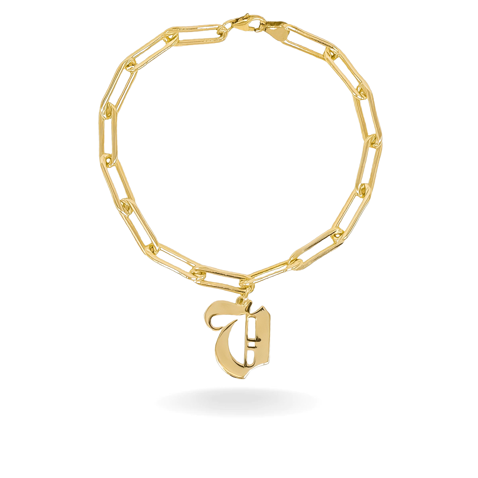 14K YELLOW GOLD OLD ENGLISH INITIAL PAPERCLIP BRACELET
