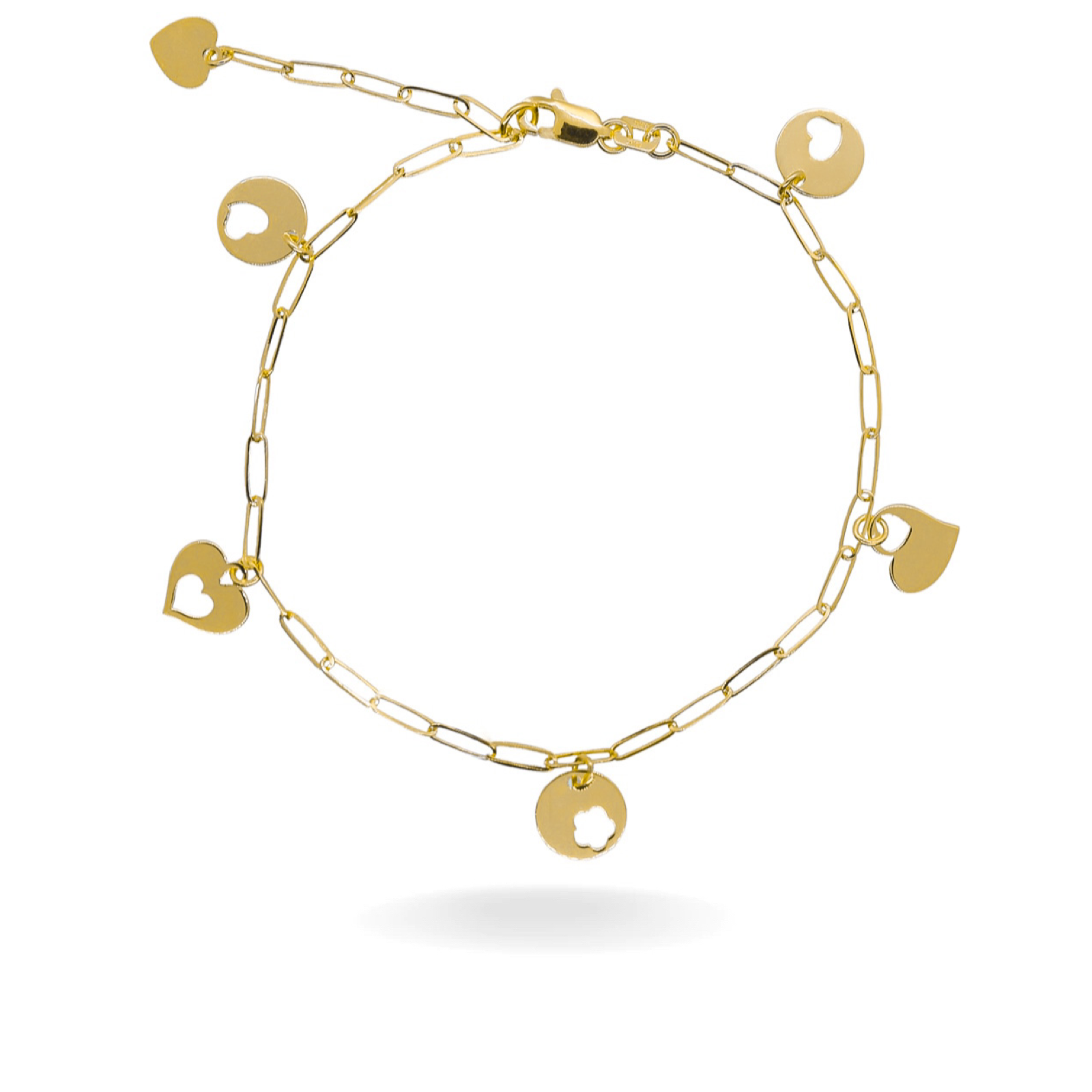 14K YELLOW GOLD HEART CHARMS PAPERCLIP BRACELET