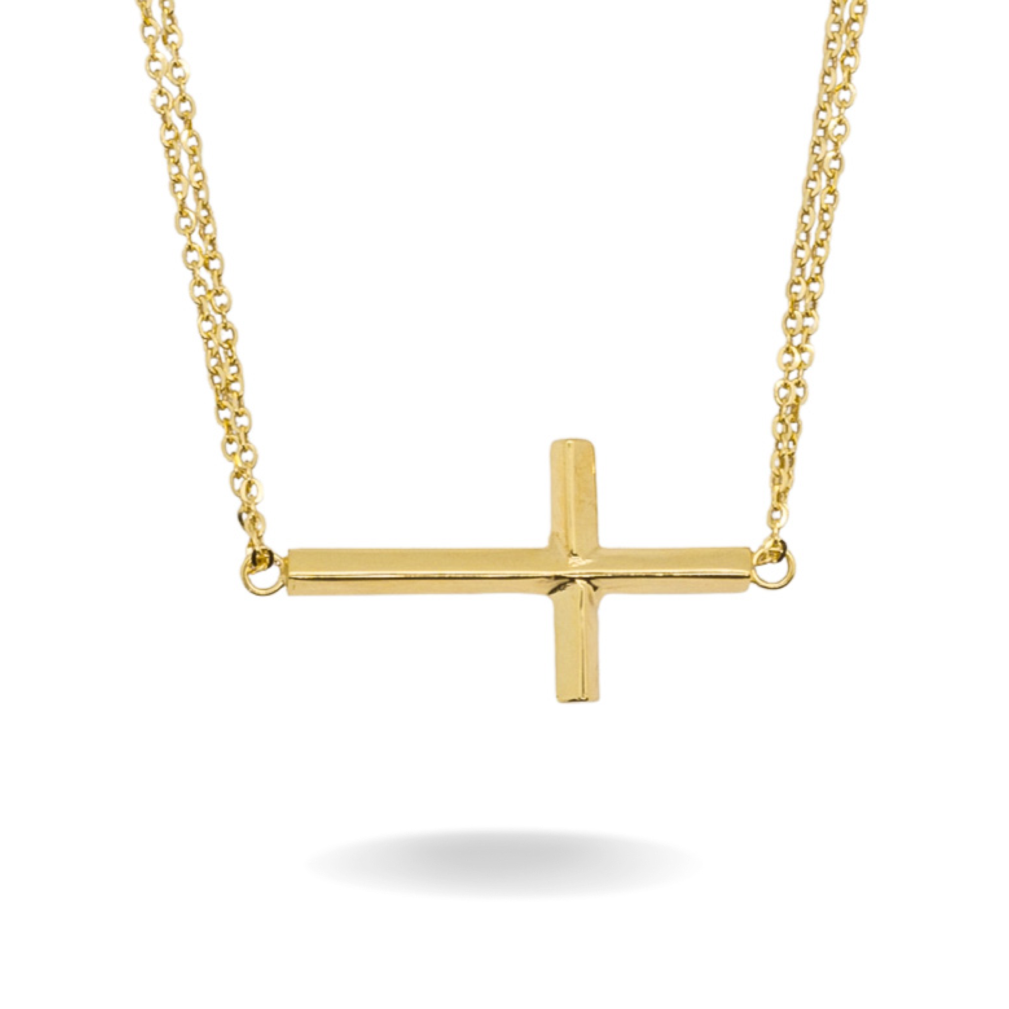 14K YELLOW GOLD DOUBLE CHAIN SIDEWAYS CROSS NECKLACE