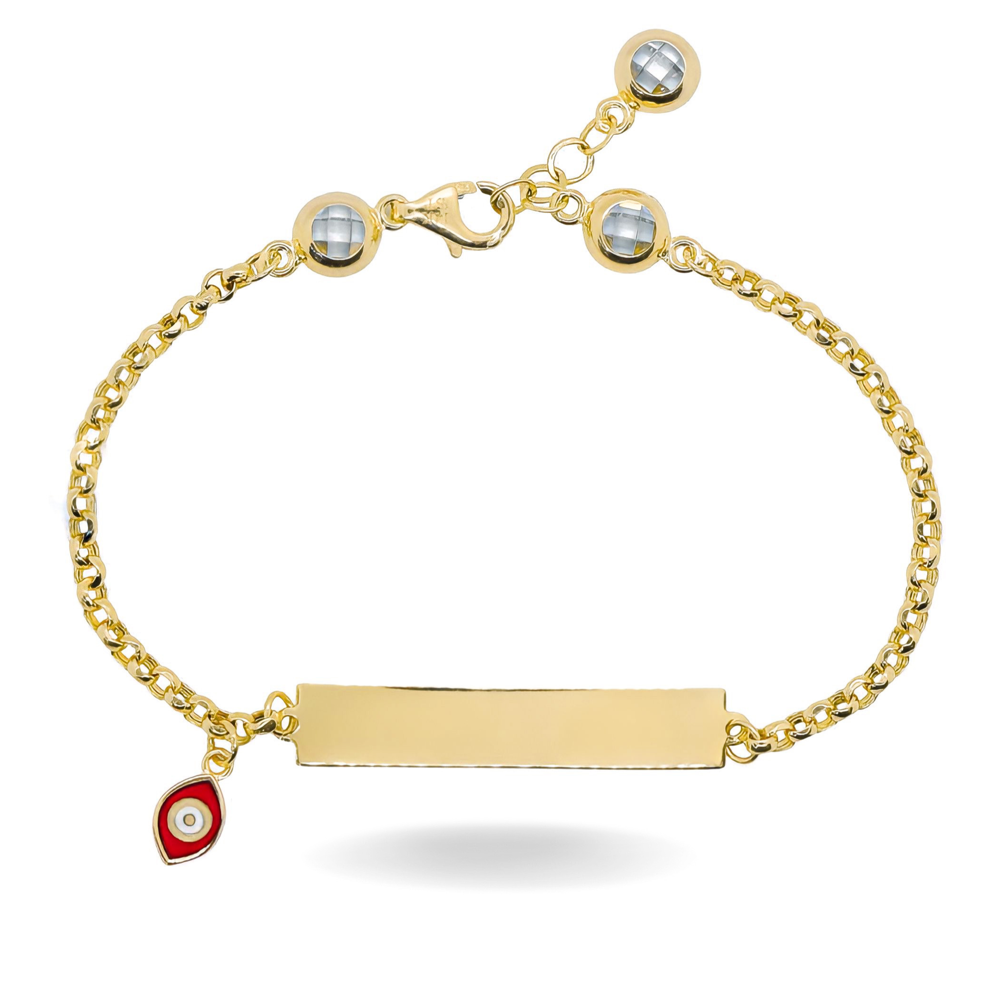 14K YELLOW GOLD RED EYE CHARM ROLO ID BRACELET