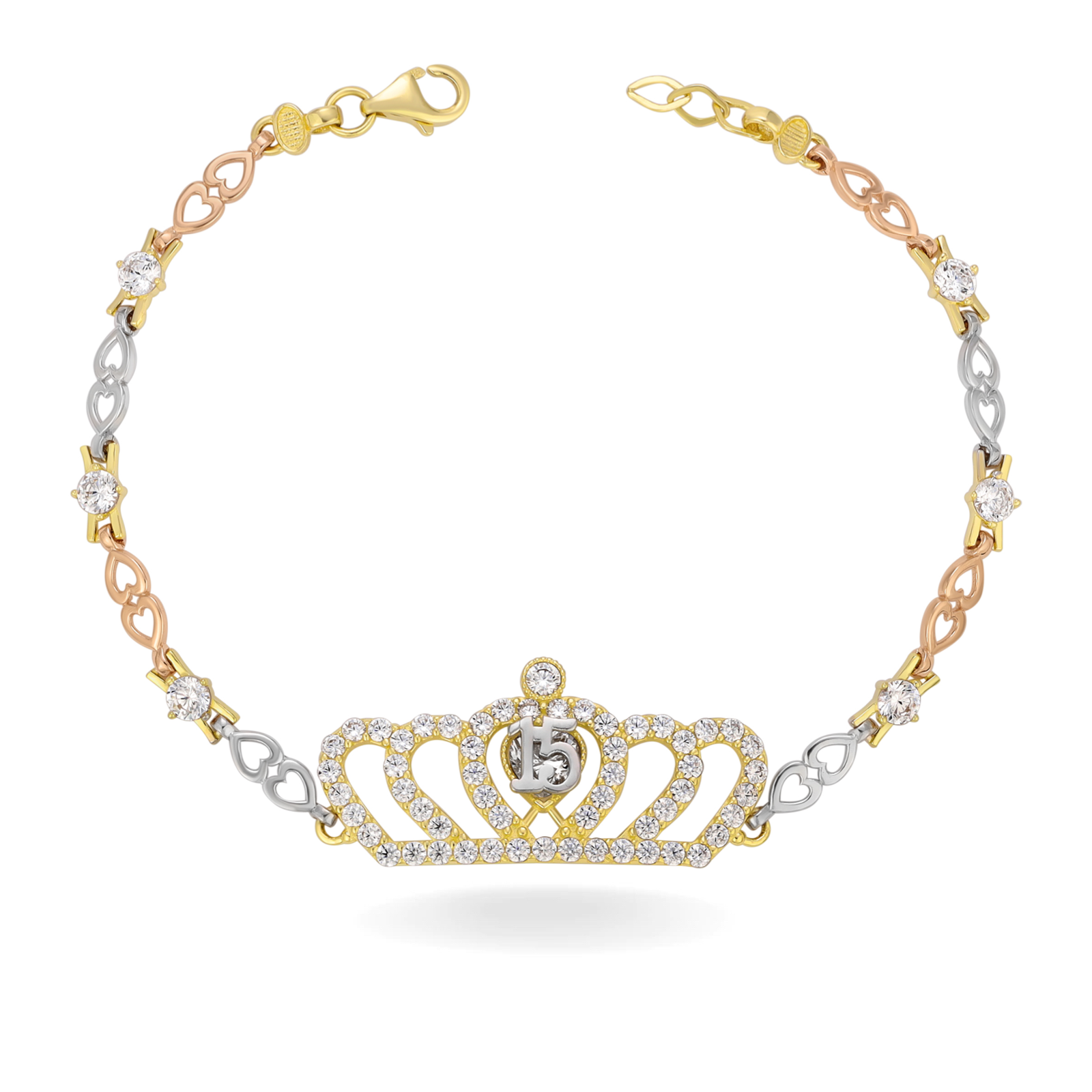 14K TRI COLOR GOLD PAVE QUEEN OF HEARTS QUINCEAÑERA BRACELET