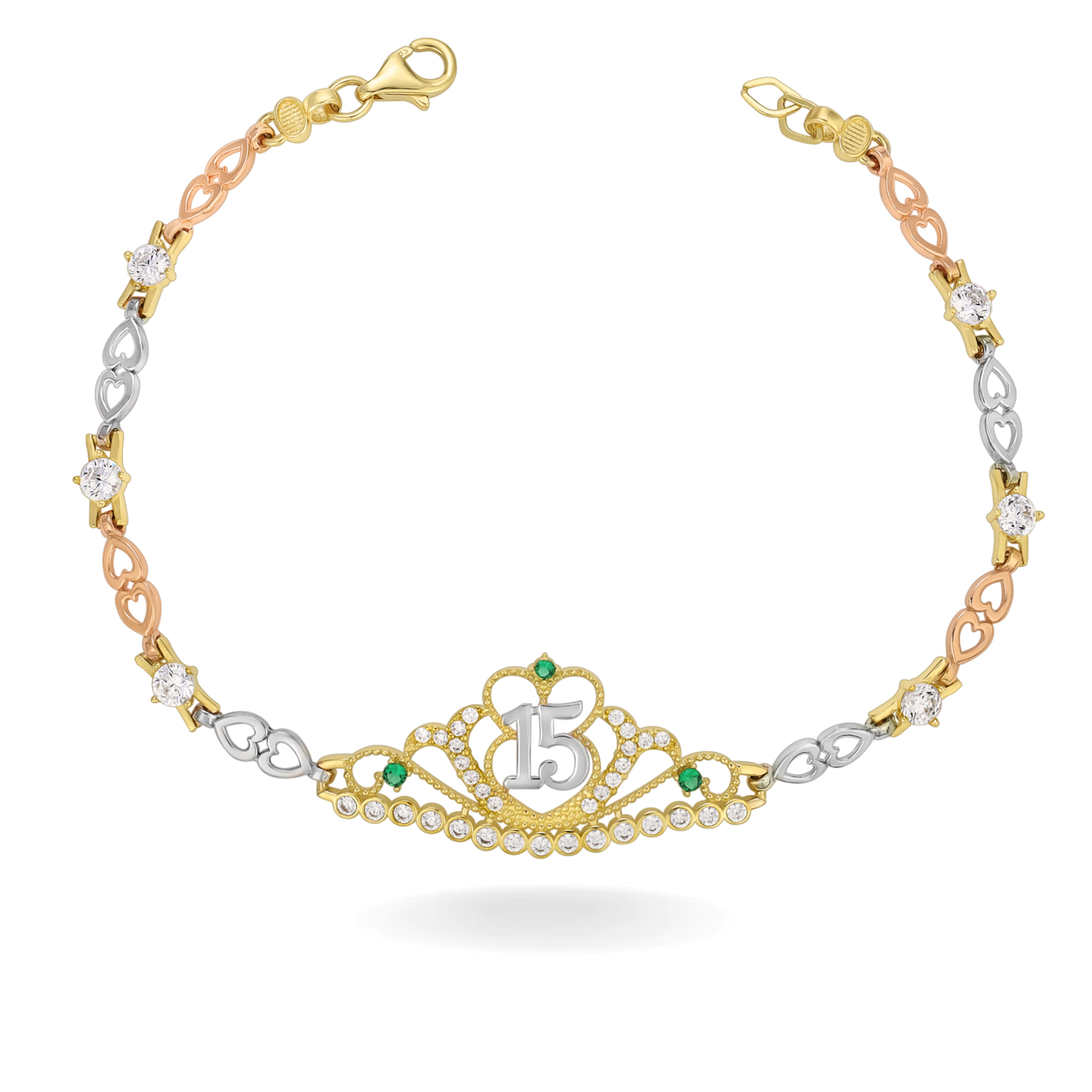 14K TRI COLOR GOLD PAVE EMERALD CROWN QUINCEAÑERA BRACELET