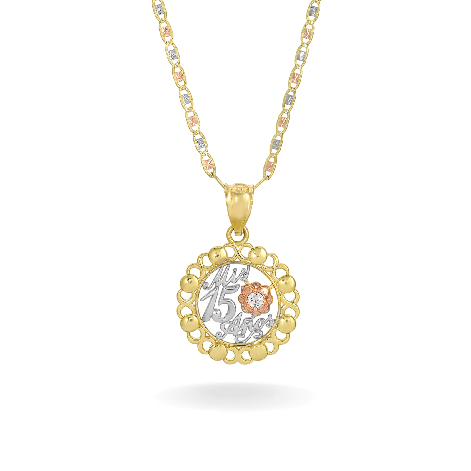 14K TRI COLOR GOLD MIS 15 WONDERLAND QUINCEANERA NECKLACE