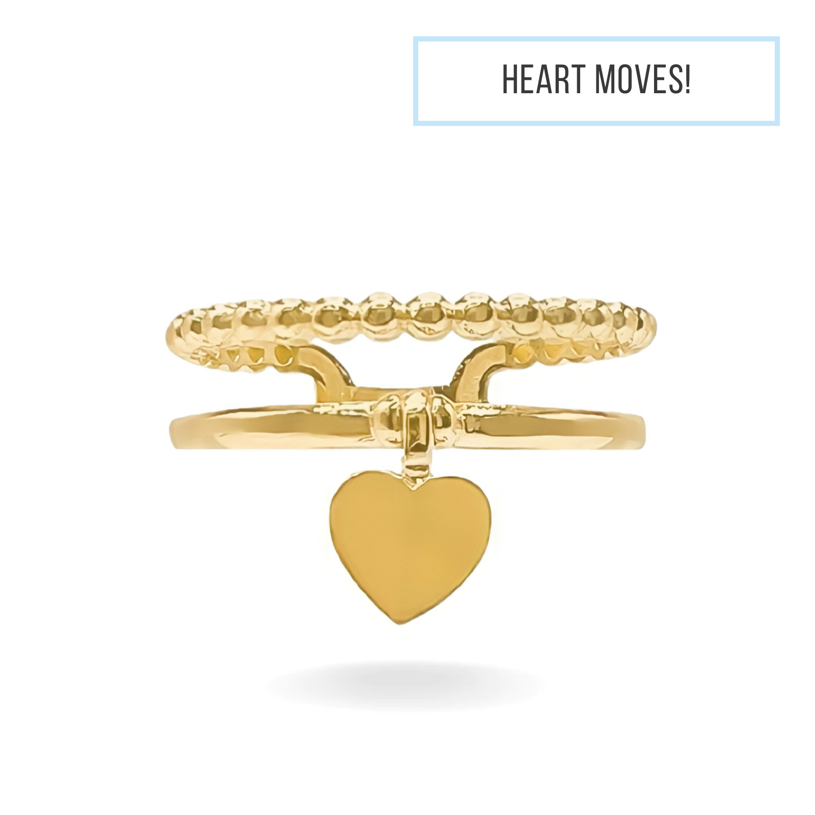 14K YELLOW GOLD BEADED MOTION HEART DOUBLE RING