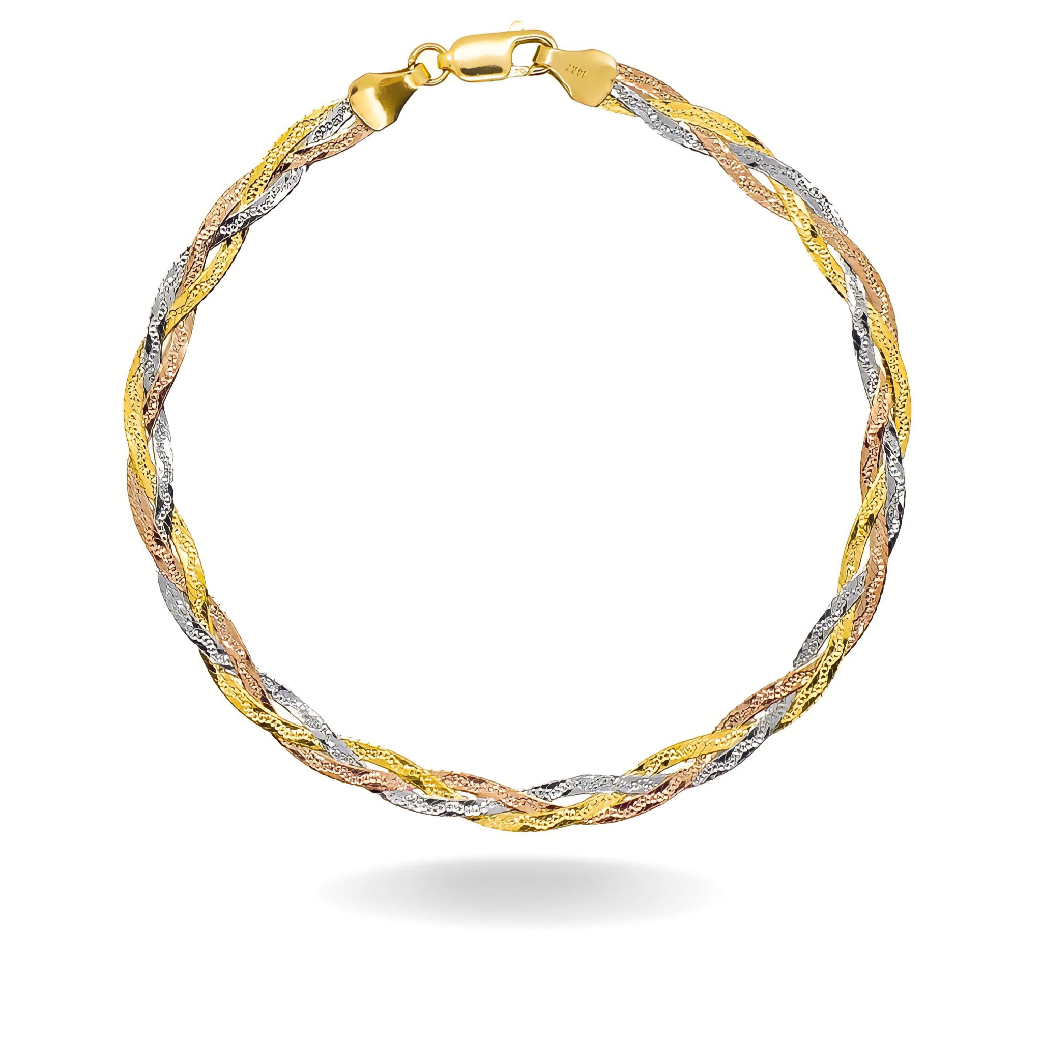 14K TRI COLOR GOLD BRAIDED HERRINGBONE BRACELET