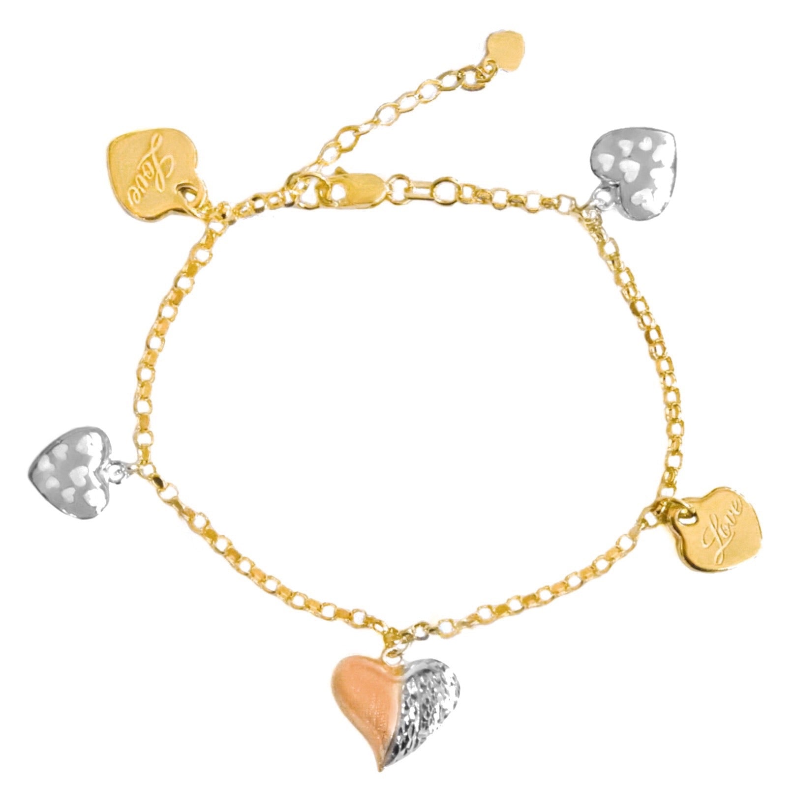 14K TRI COLOR GOLD TRUE LOVE CHARM BRACELET
