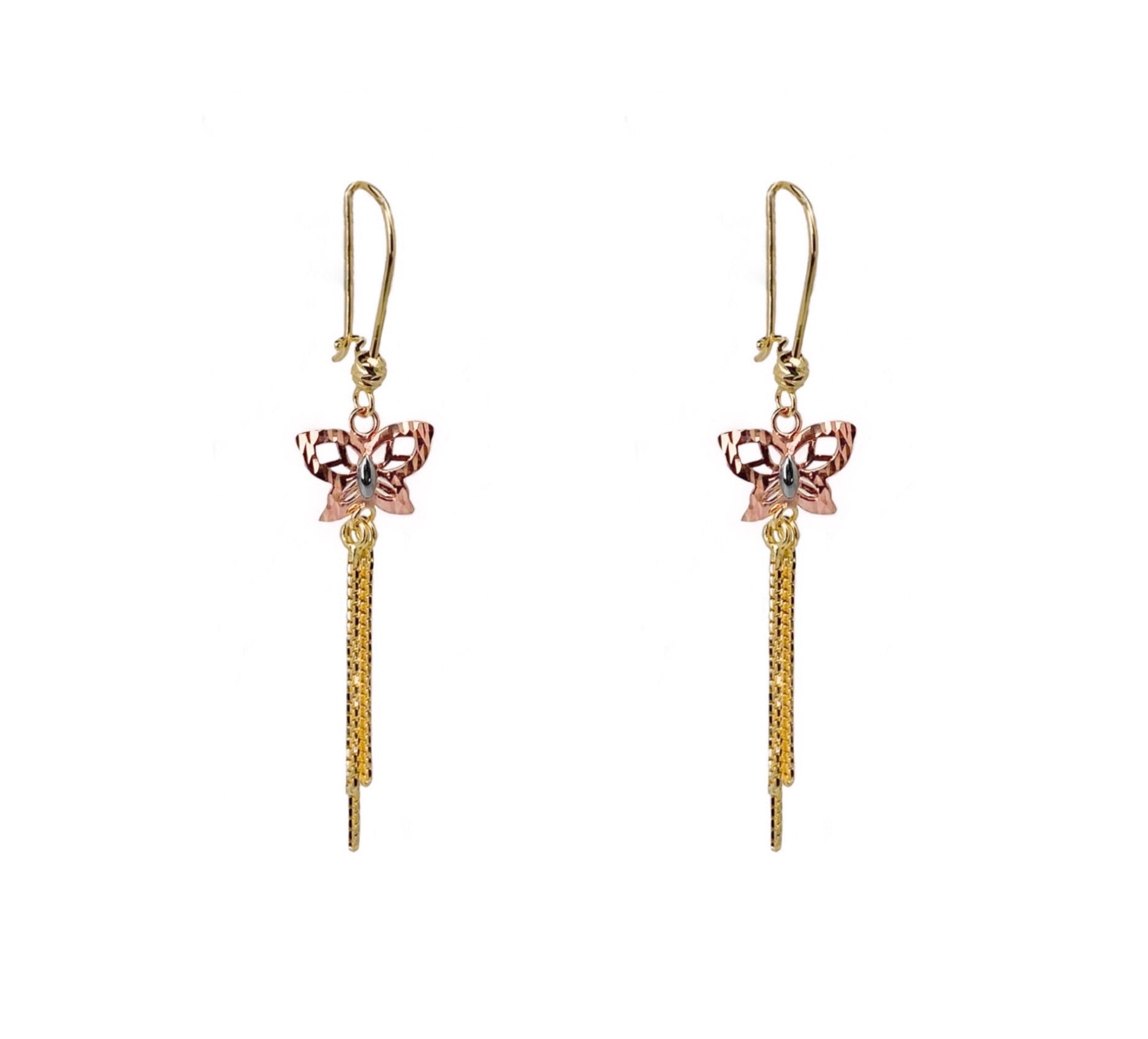 14K TRI COLOR GOLD BUTTERFLY DROP EARRINGS