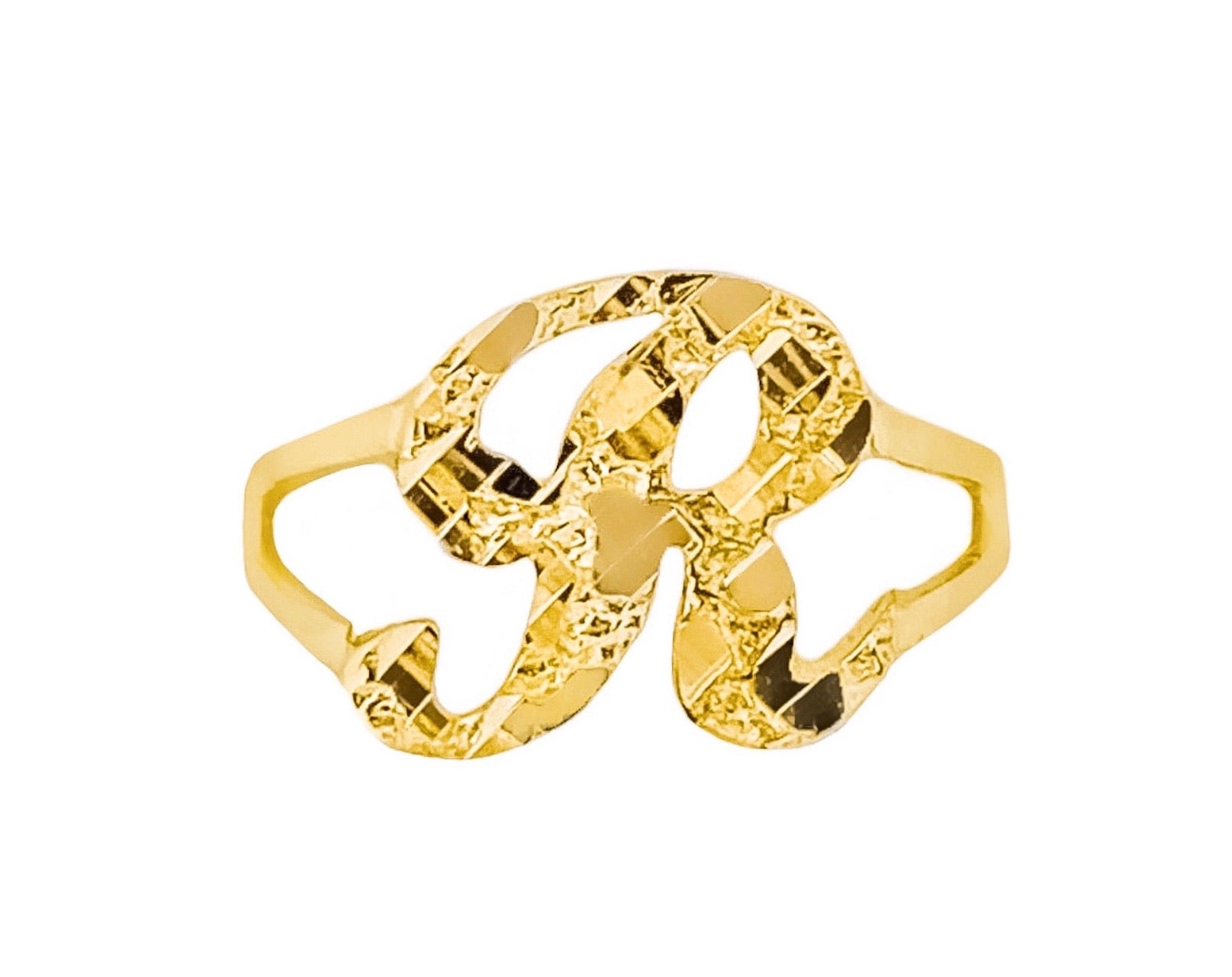 10K YELLOW GOLD NUGGET SCRIPT INITIAL SPLIT SHANK RING