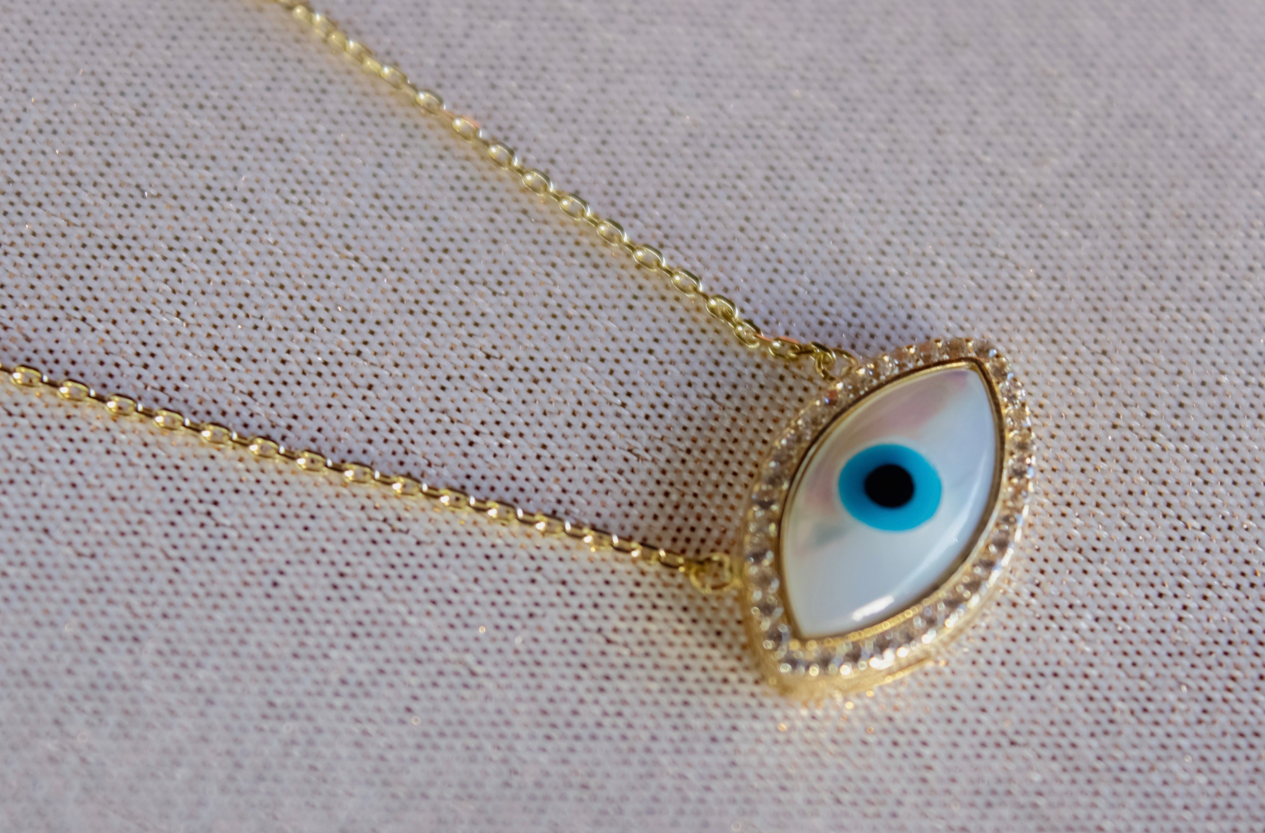 14K YELLOW GOLD PAVE HALO MOTHER OF PEARL EYE NECKLACE