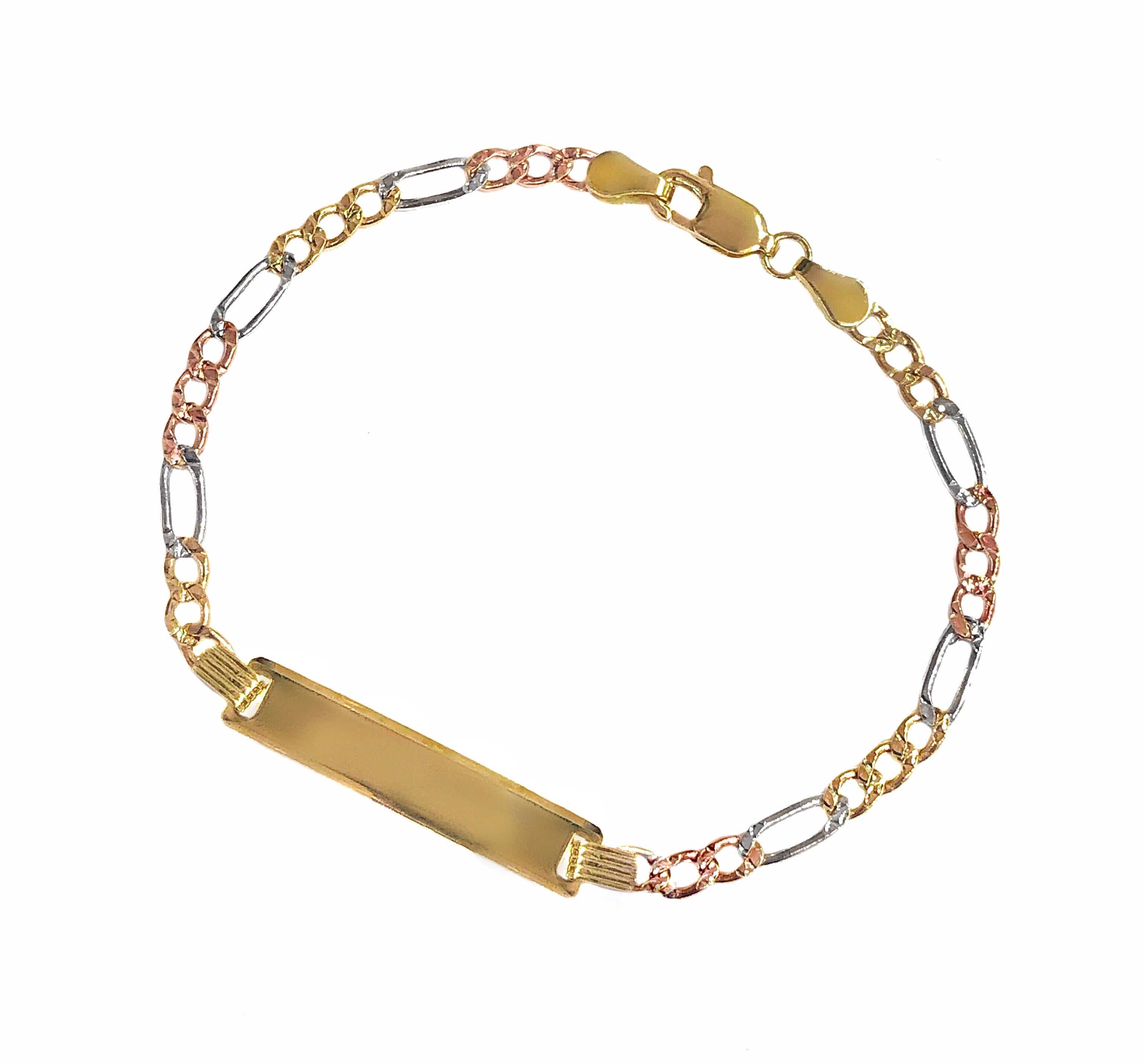 14k TRI COLOR GOLD FIGARO BABY BRACELET -ENGRAVED
