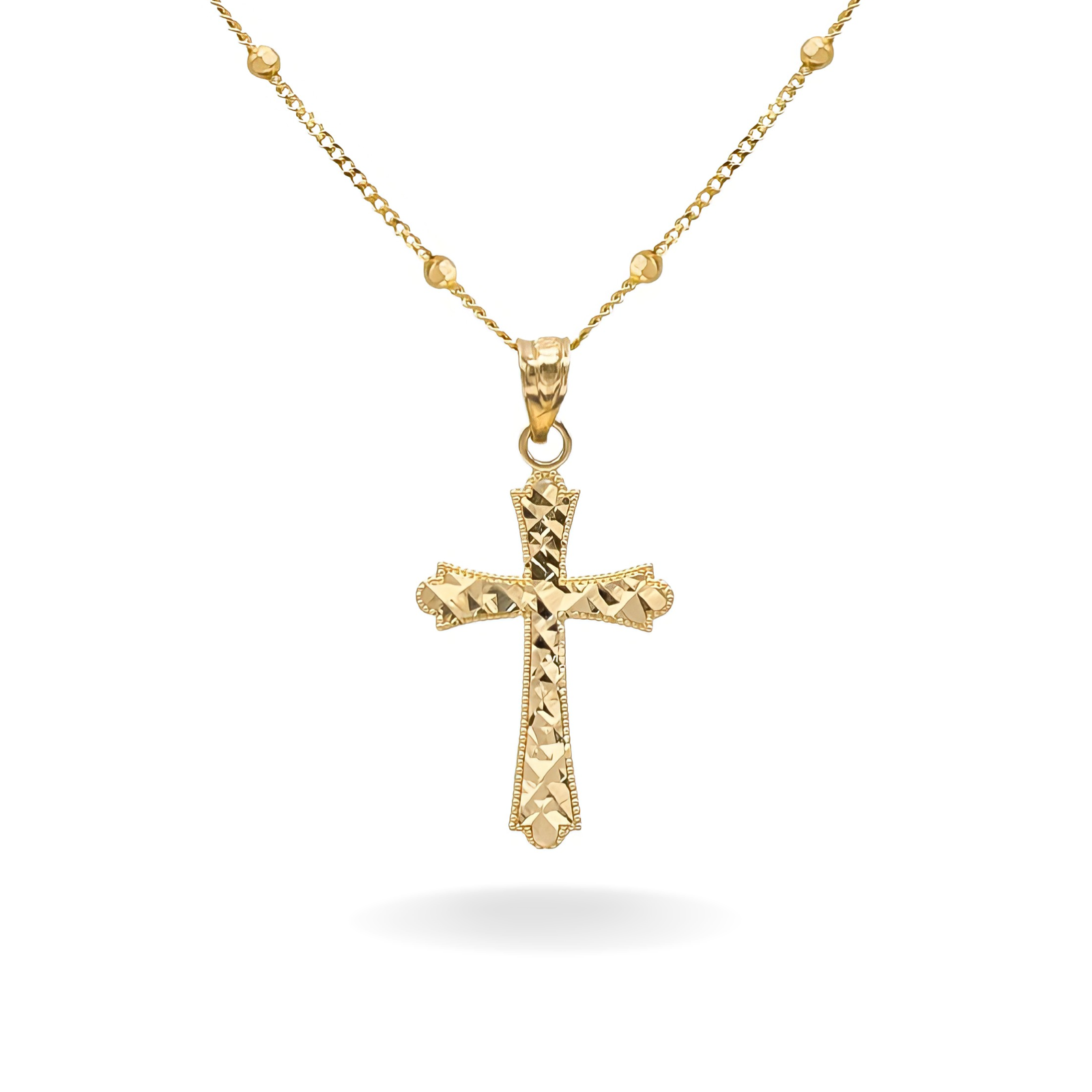 14K YELLOW GOLD DIAMOND CUT CROSS BEADED NECKLACE