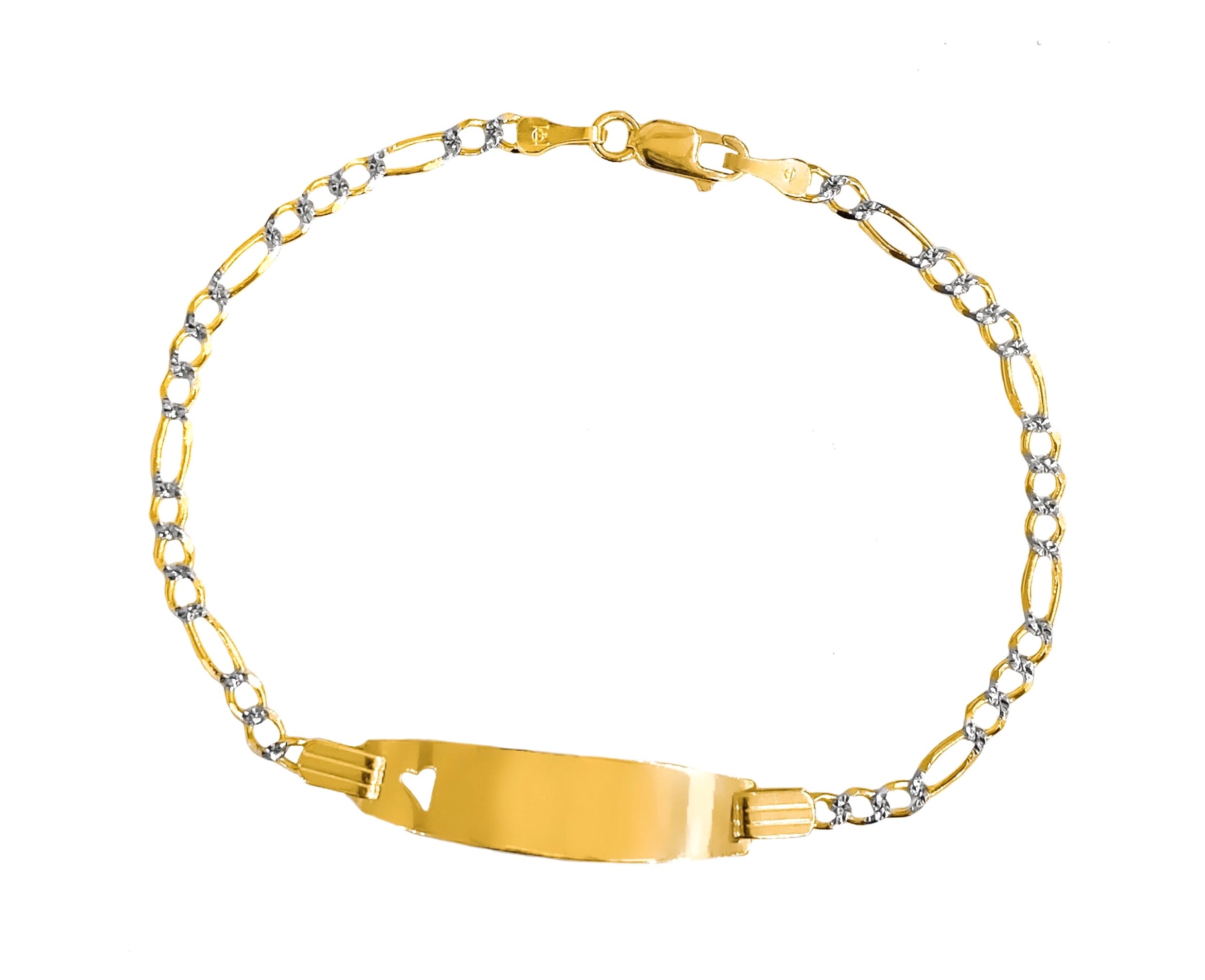 14K YELLOW GOLD DIAMOND CUT FIGARO HEART ENGRAVED BABY BRACELET -2.5MM