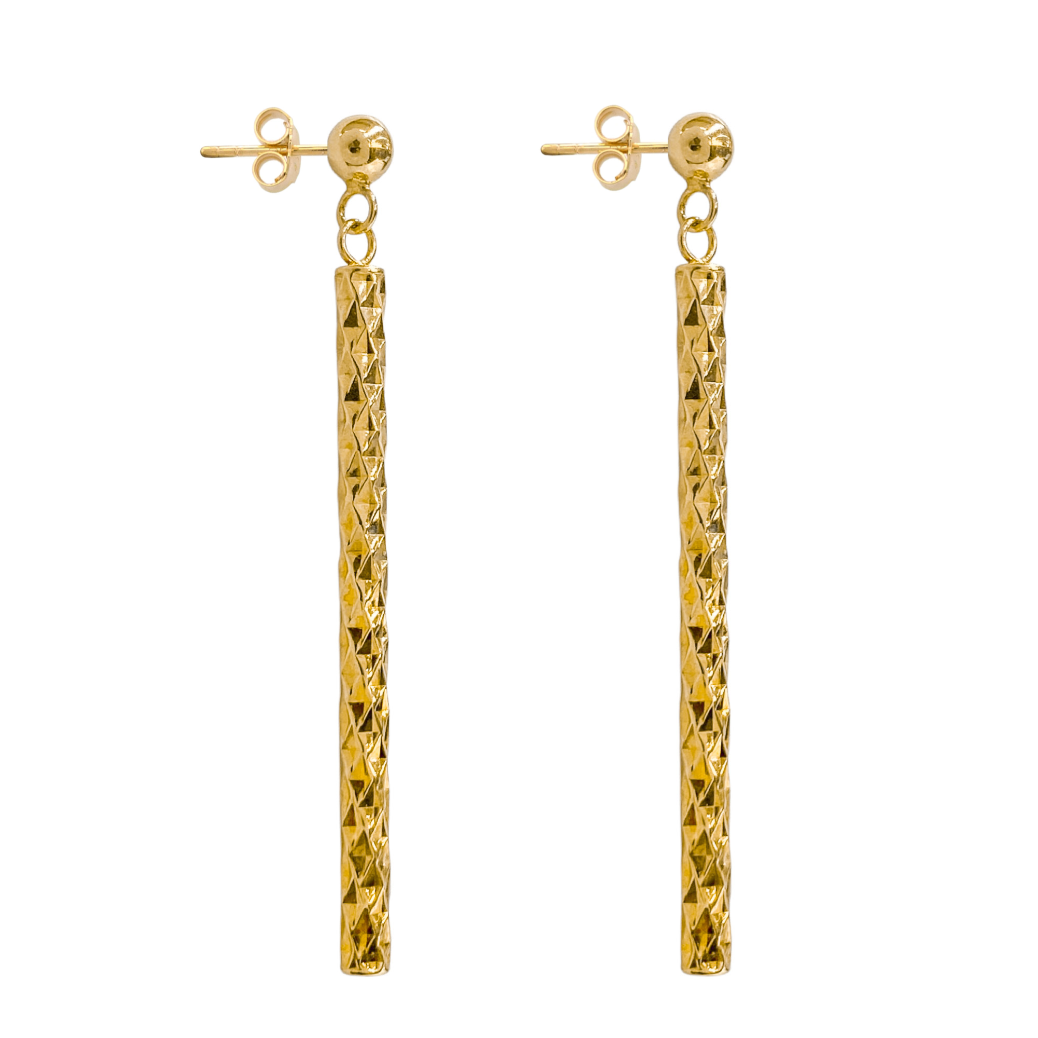 10K YELLOW GOLD DIAMOND CUT BAR DROP STUD EARRINGS