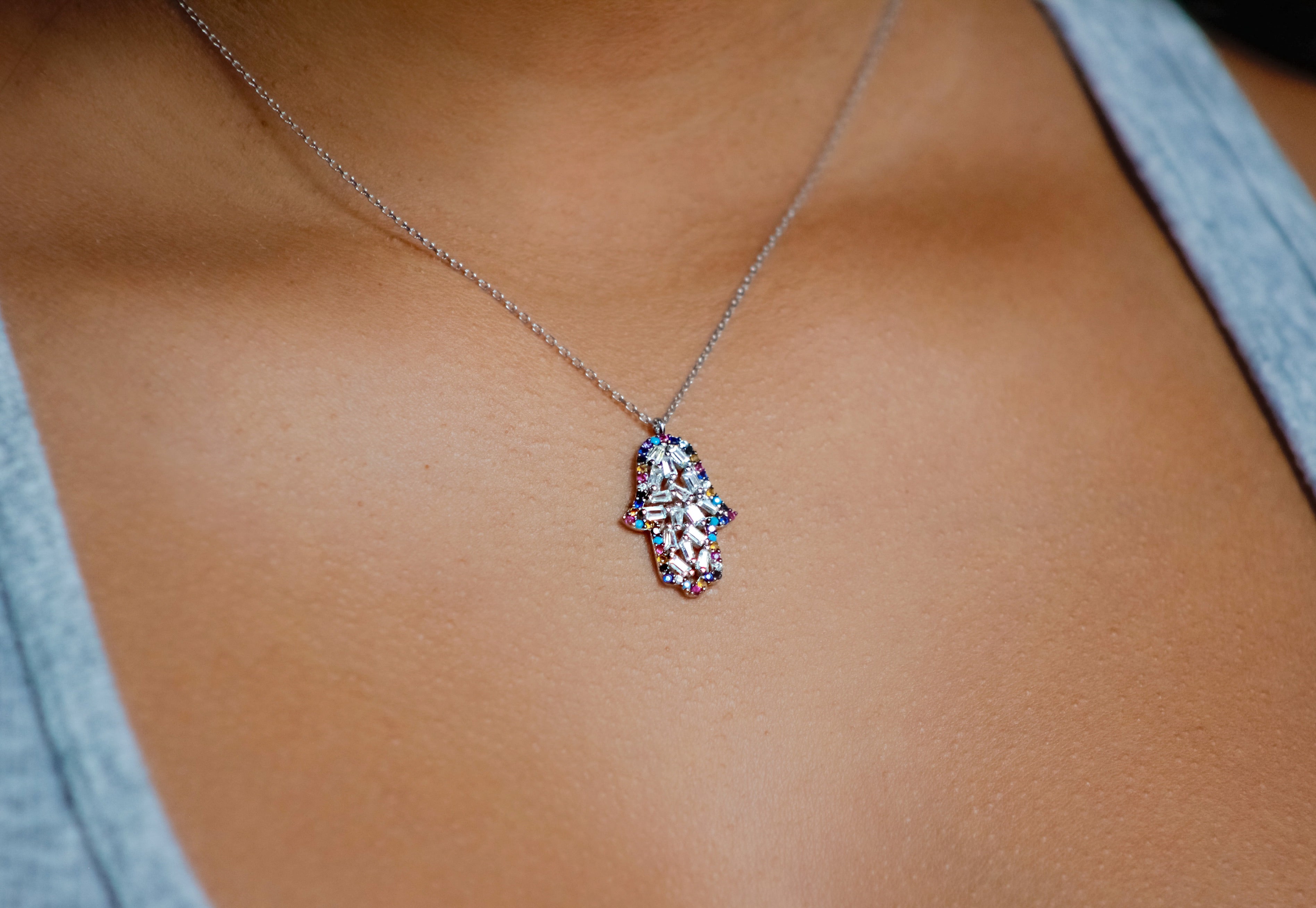 925 SILVER RAINBOW PAVE BORDER HAMSA NECKLACE