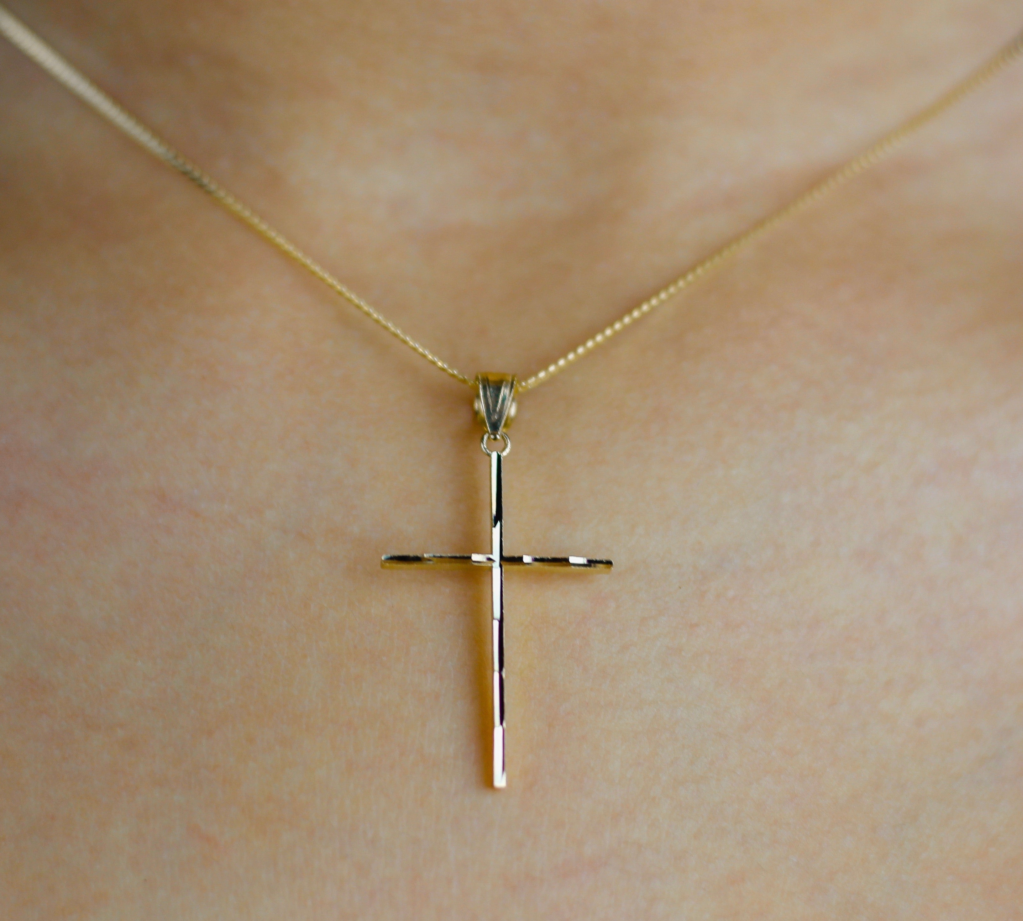 14K YELLOW GOLD DIAMOND CUT SLIM CROSS NECKLACE