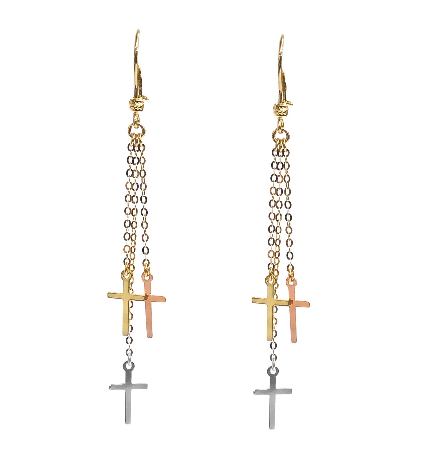 14K TRI COLOR GOLD CROSS DROP EARRINGS