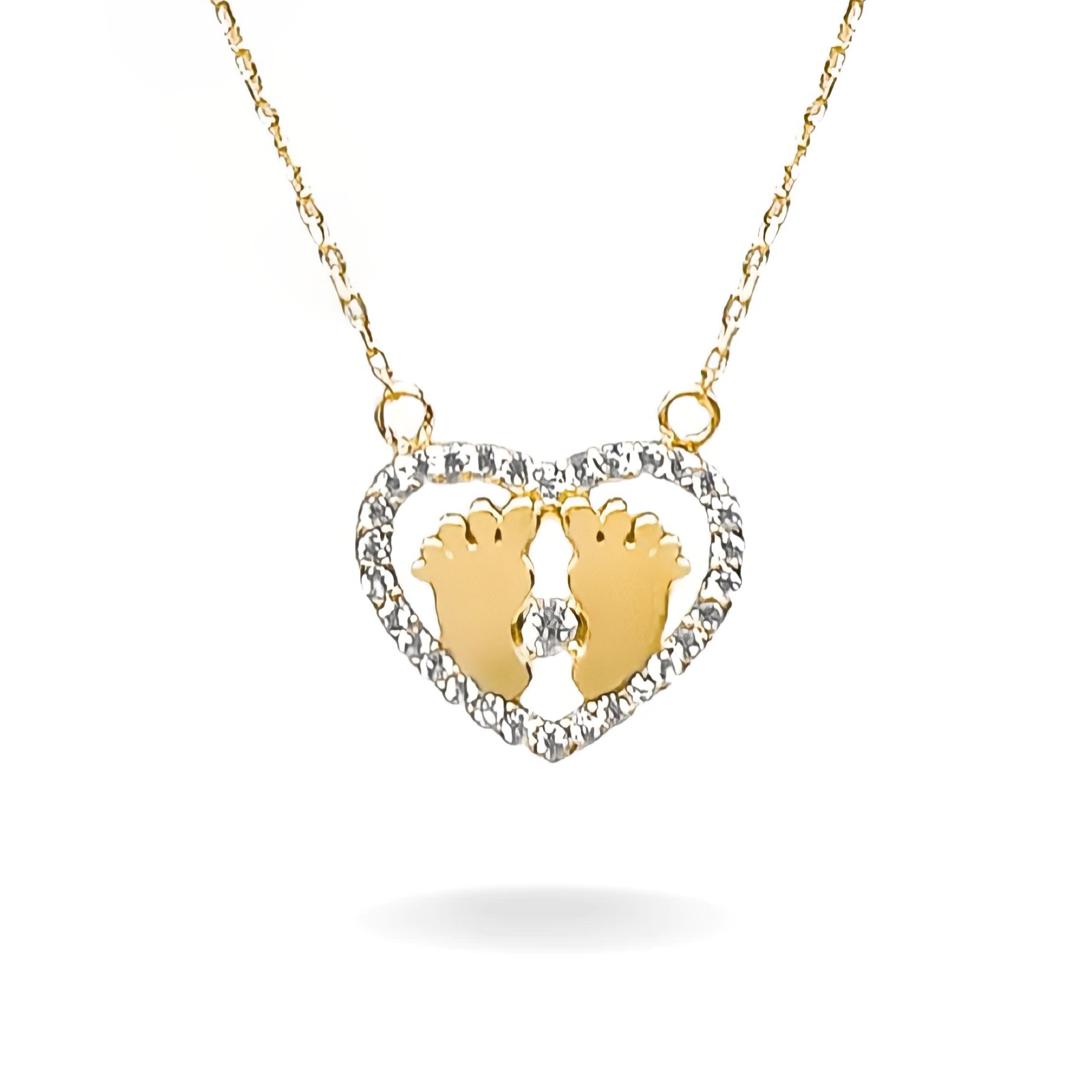 14K YELLOW GOLD PAVE HEART FOORTPRINTS NECKLACE