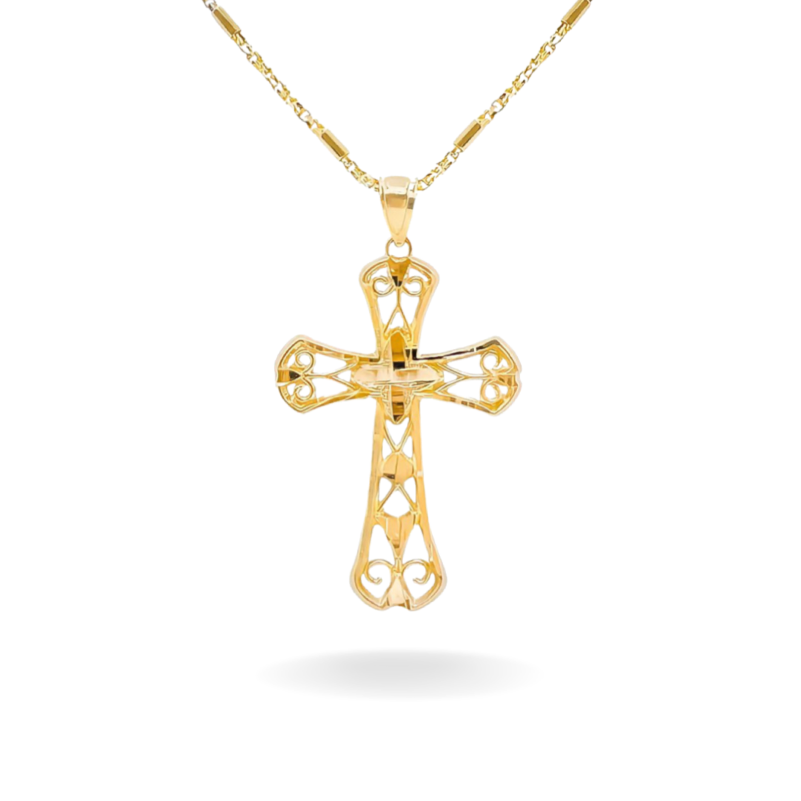 14K YELLOW GOLD DIAMOND CUT FILIGREE CROSS NECKLACE