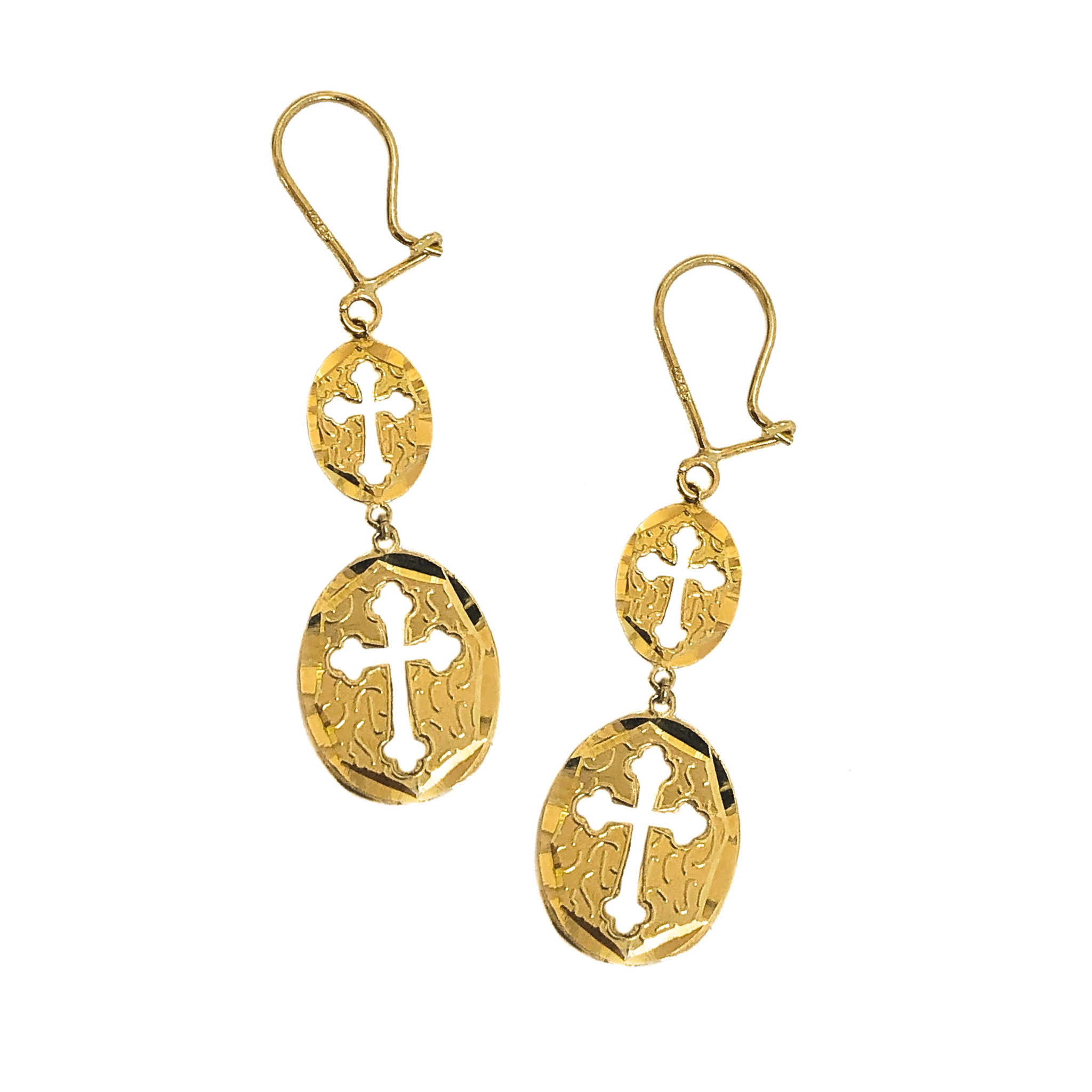 14K YELLOW GOLD CROSS DETAIL OVAL DROP EARRINGS