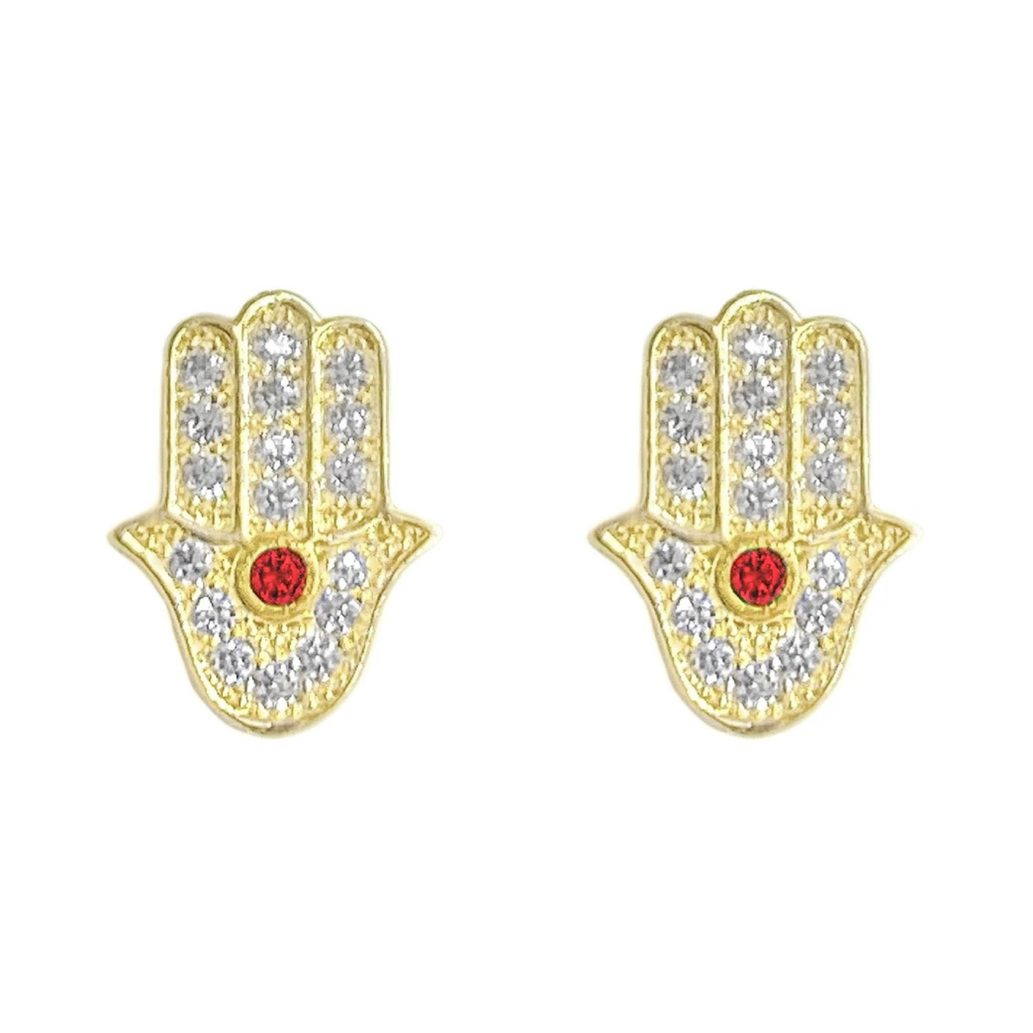14K YELLOW GOLD PAVE RED EYE HAMSA STUD EARRINGS