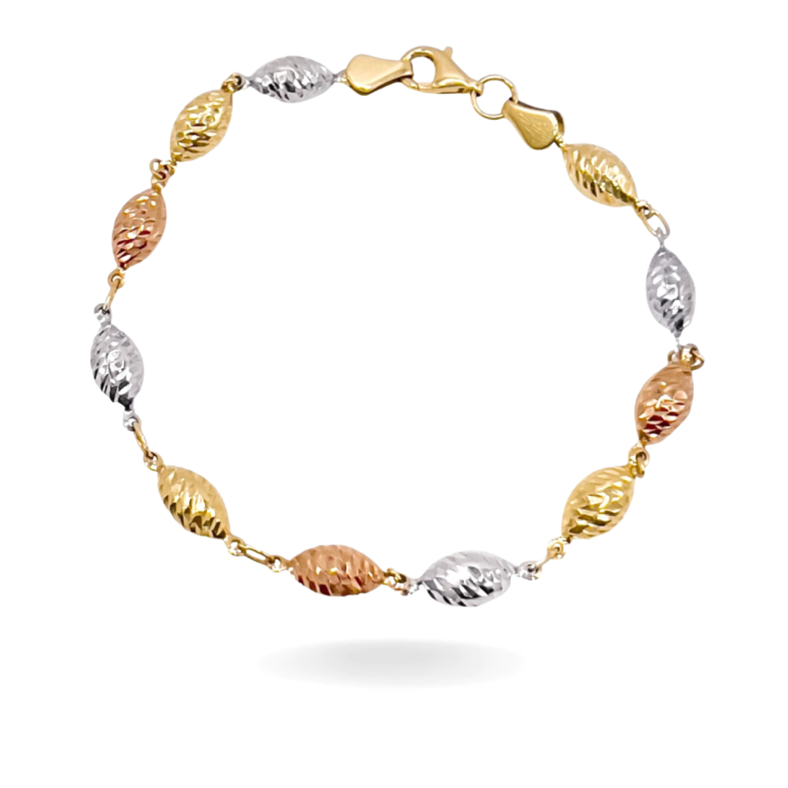10K TRI COLOR GOLD DIAMOND BEADS ETCHED BRACELET