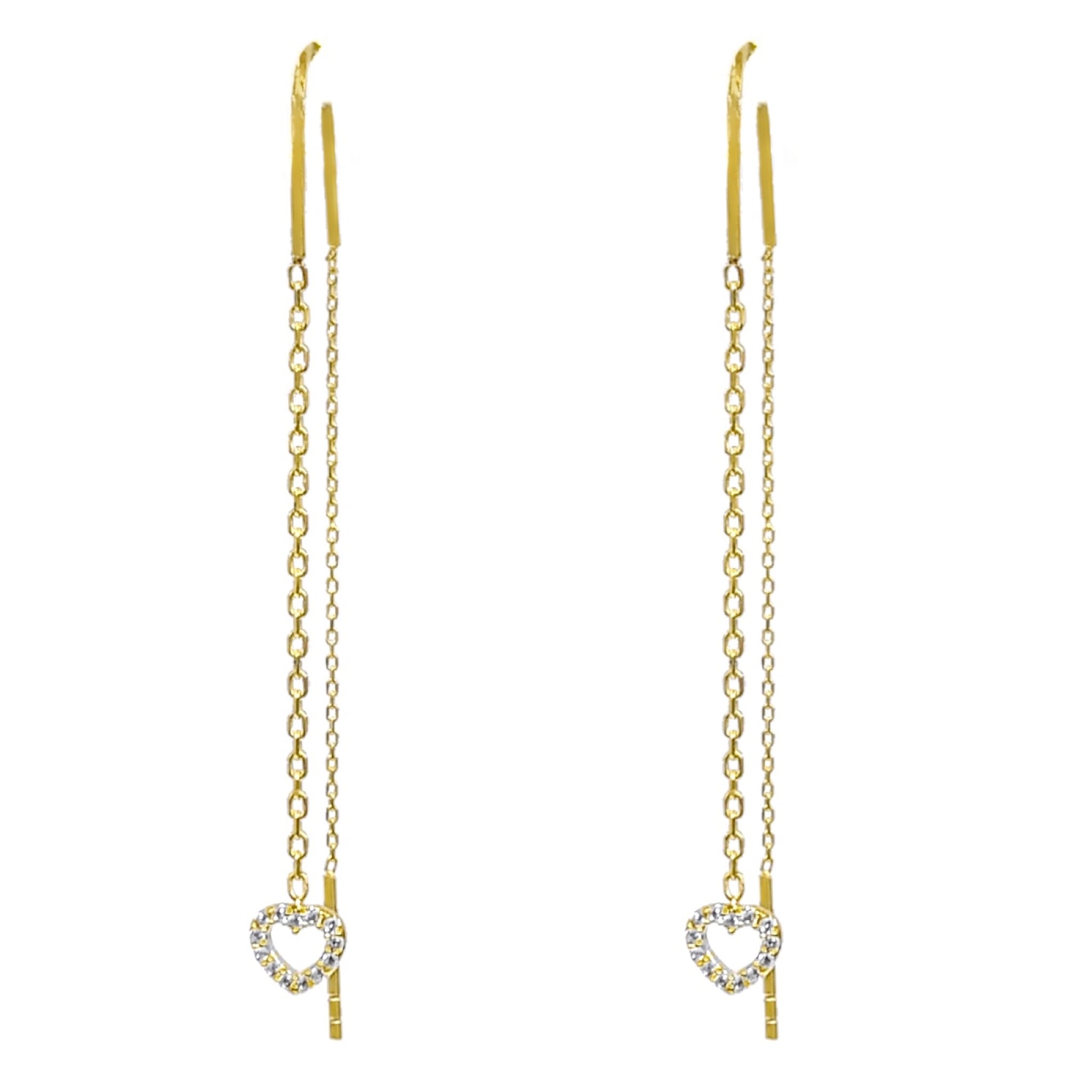 14K YELLOW GOLD CZ HEART THREADER EARRINGS