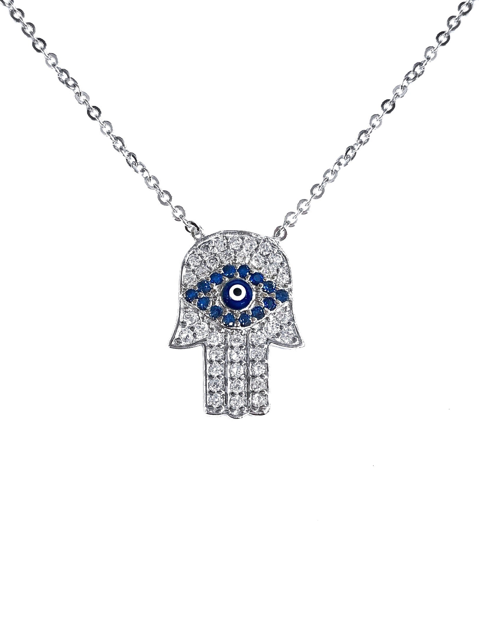 PAVE FLOATING HAMSA EVIL EYE NECKLACE -SILVER