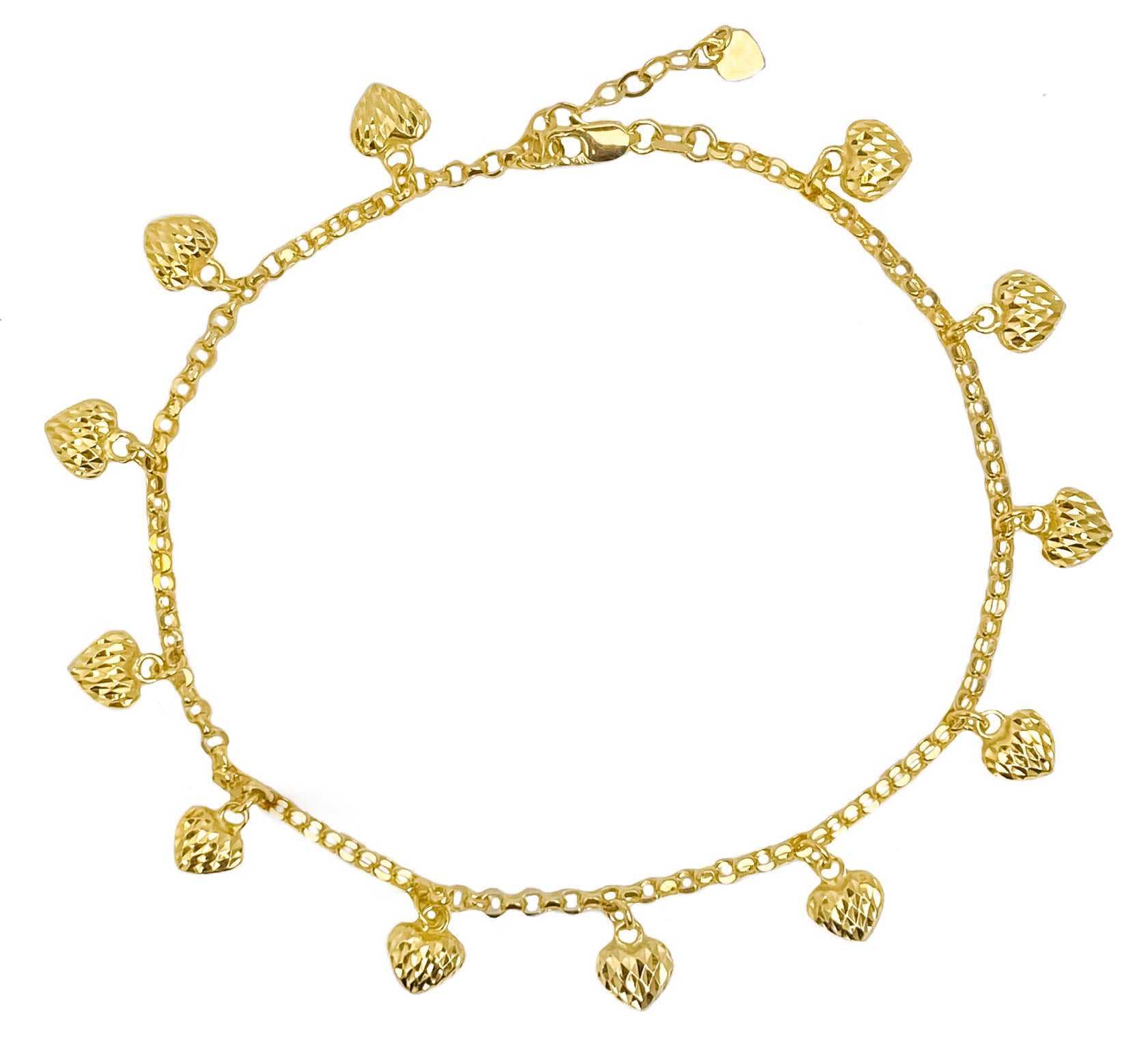 14K YELLOW GOLD DIAMOND CUT HEART CHARM BRACELET