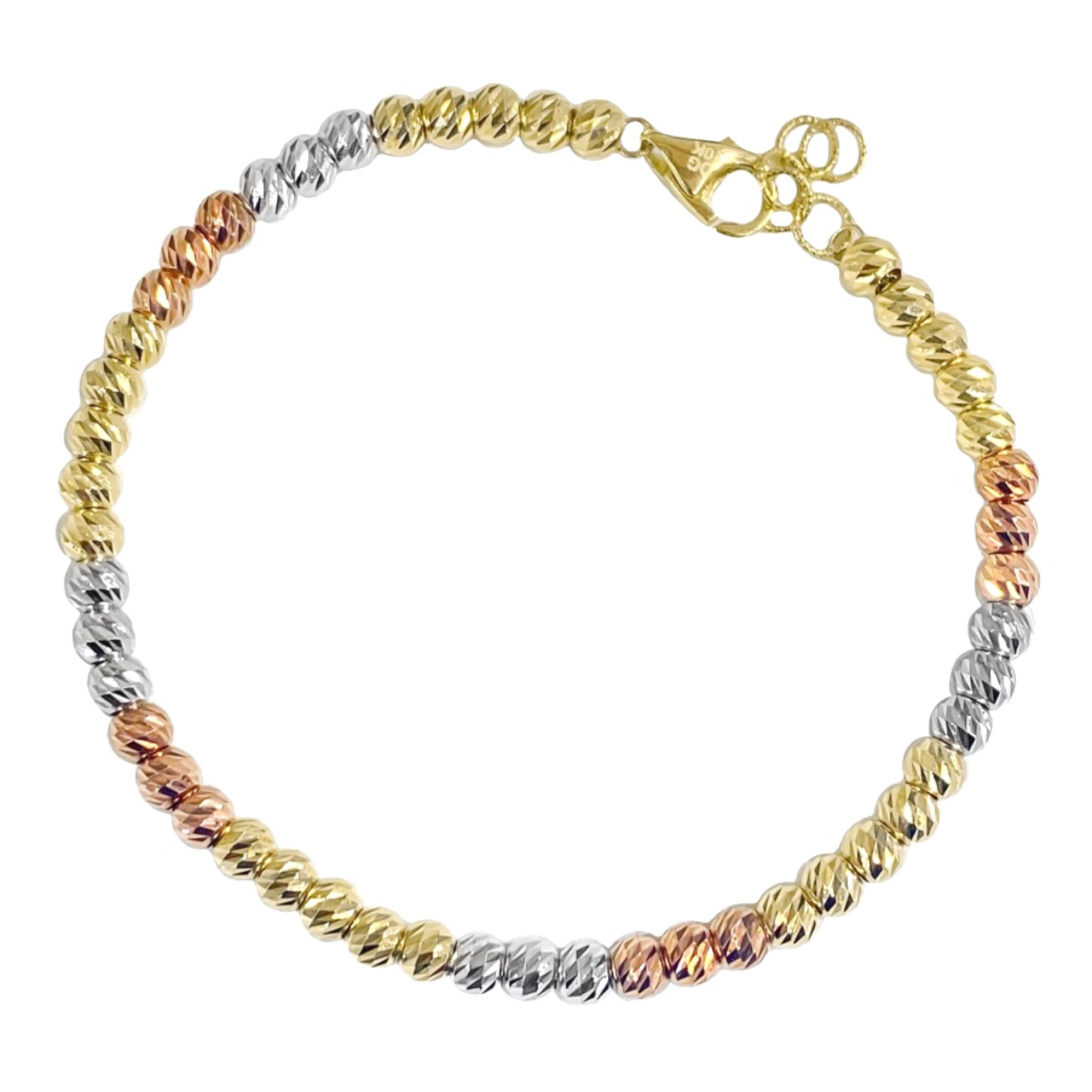 10K TRI COLOR GOLD DIAMOND CUT BEADED BRACELET -4MM