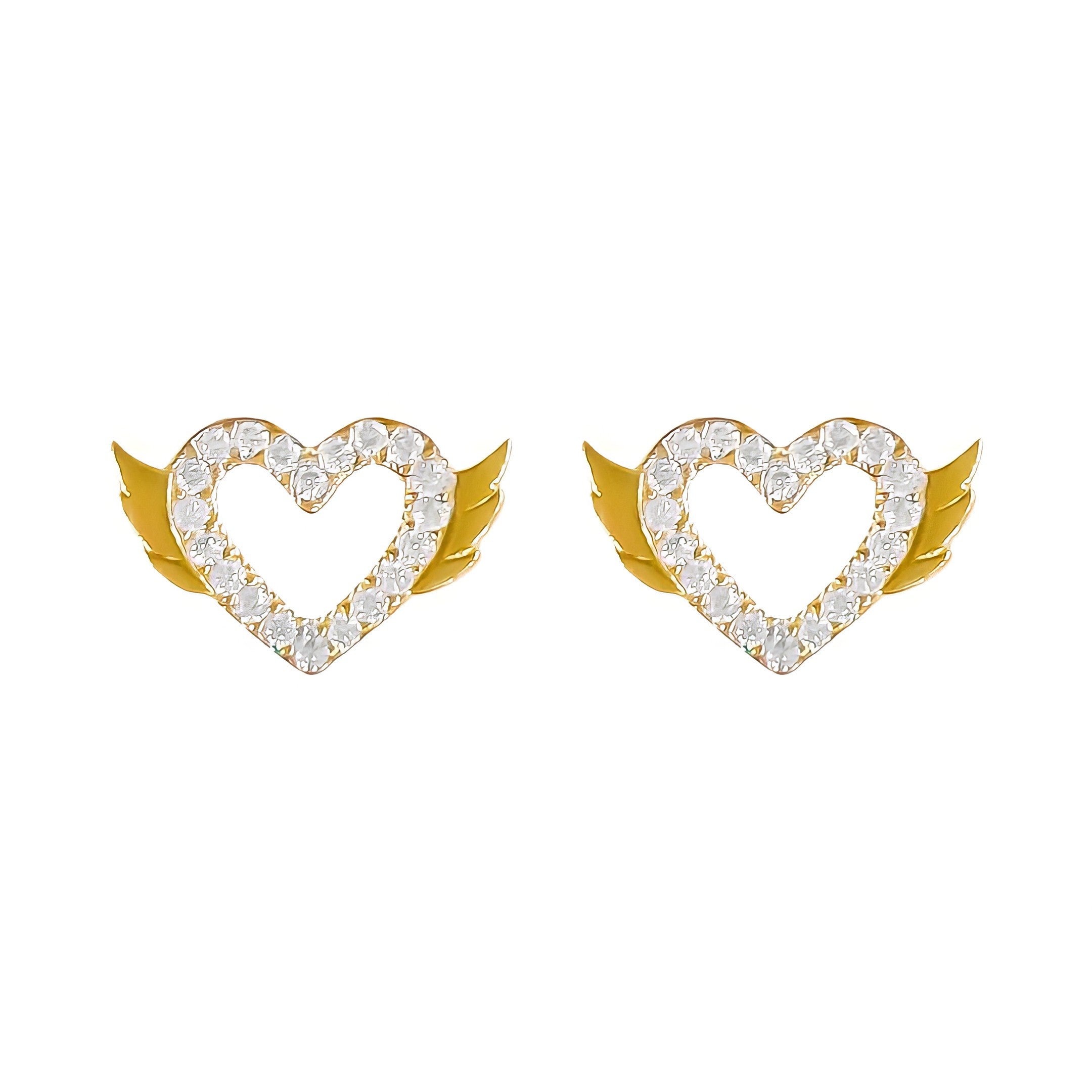 14K YELLOW GOLD PAVE HEART WITH WINGS STUD EARRINGS