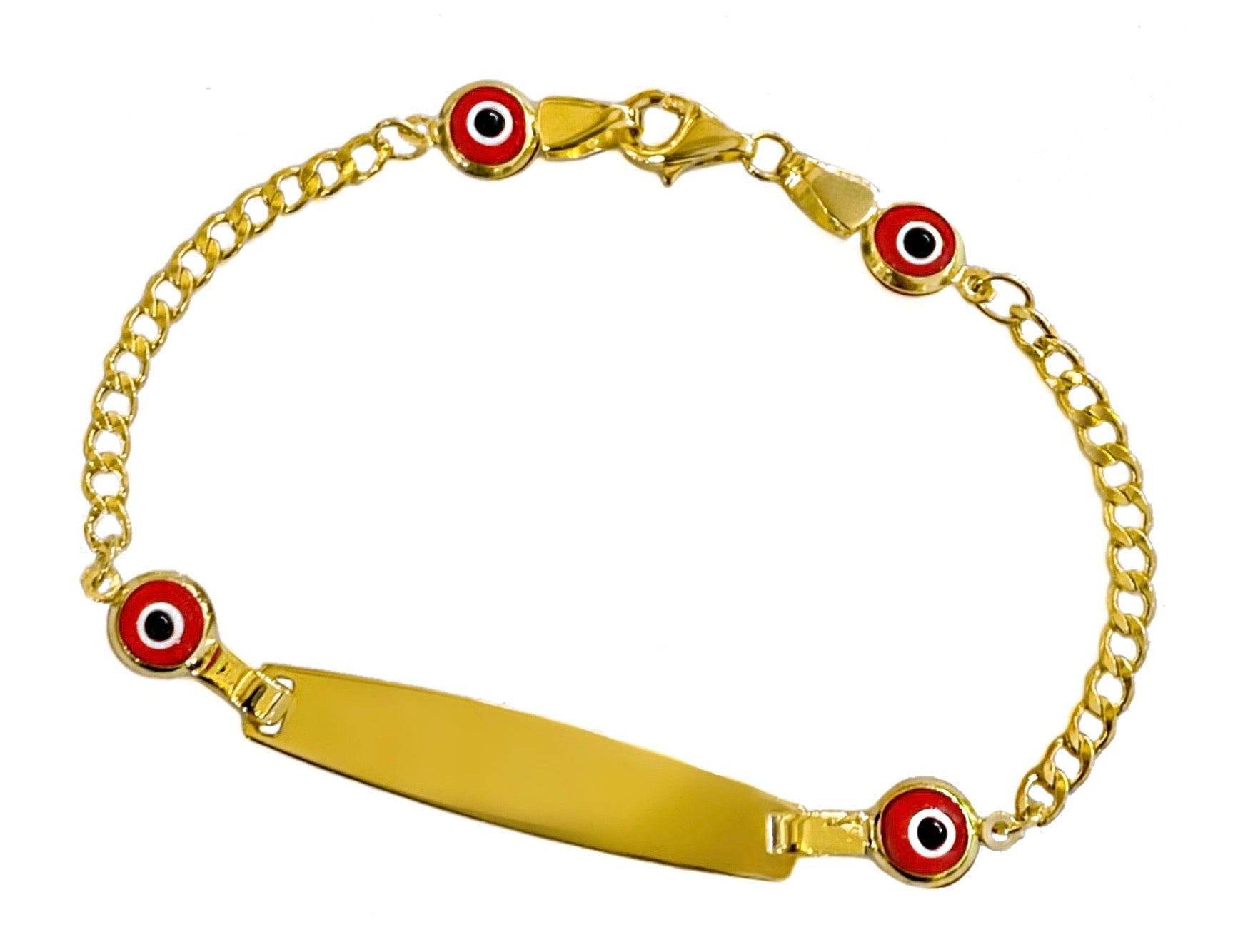 14K YELLOW GOLD RED EYE CUBAN CHILDRENS BRACELET -ENGRAVED