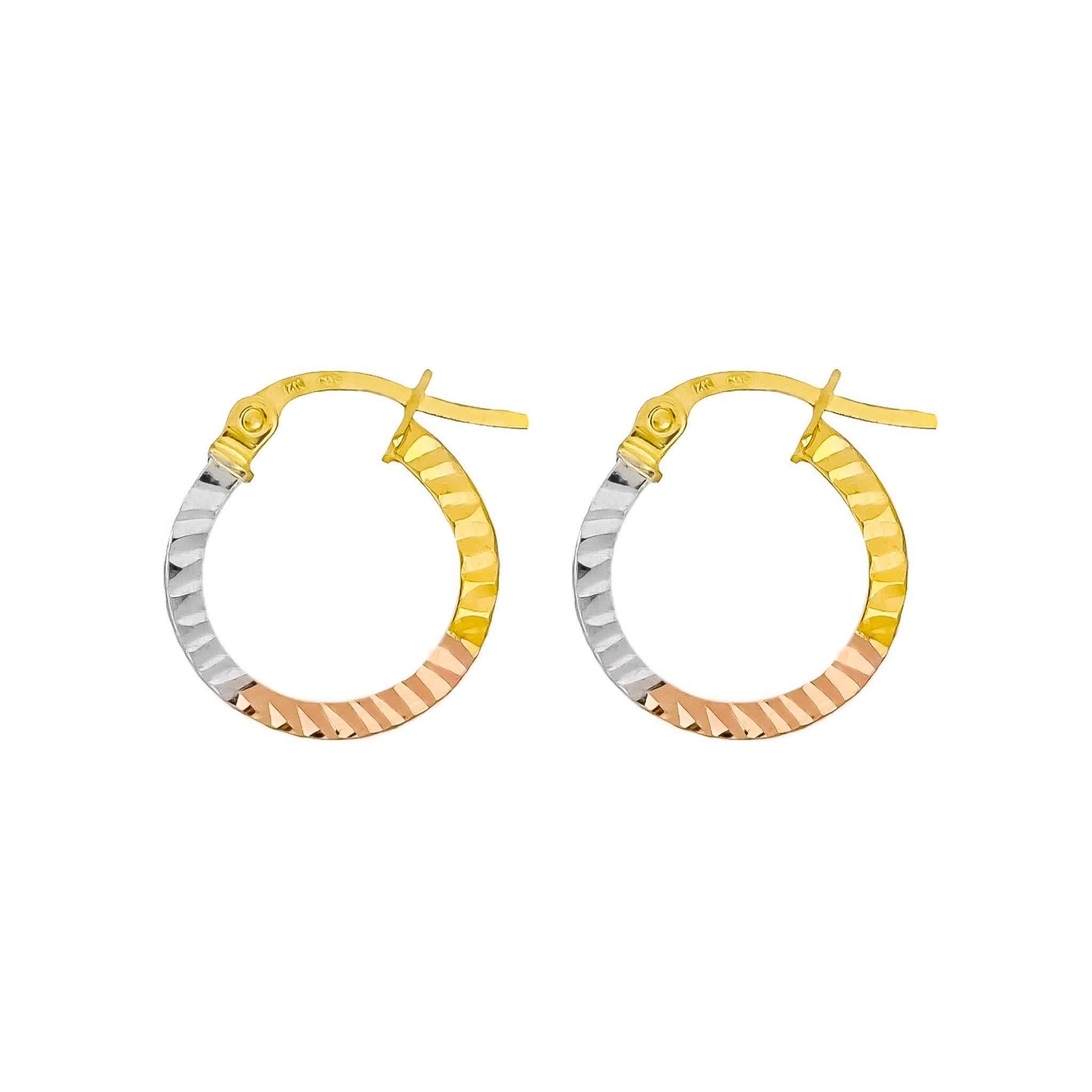 14K TRI COLOR GOLD DIAMOND CUT HOOPS -14MM