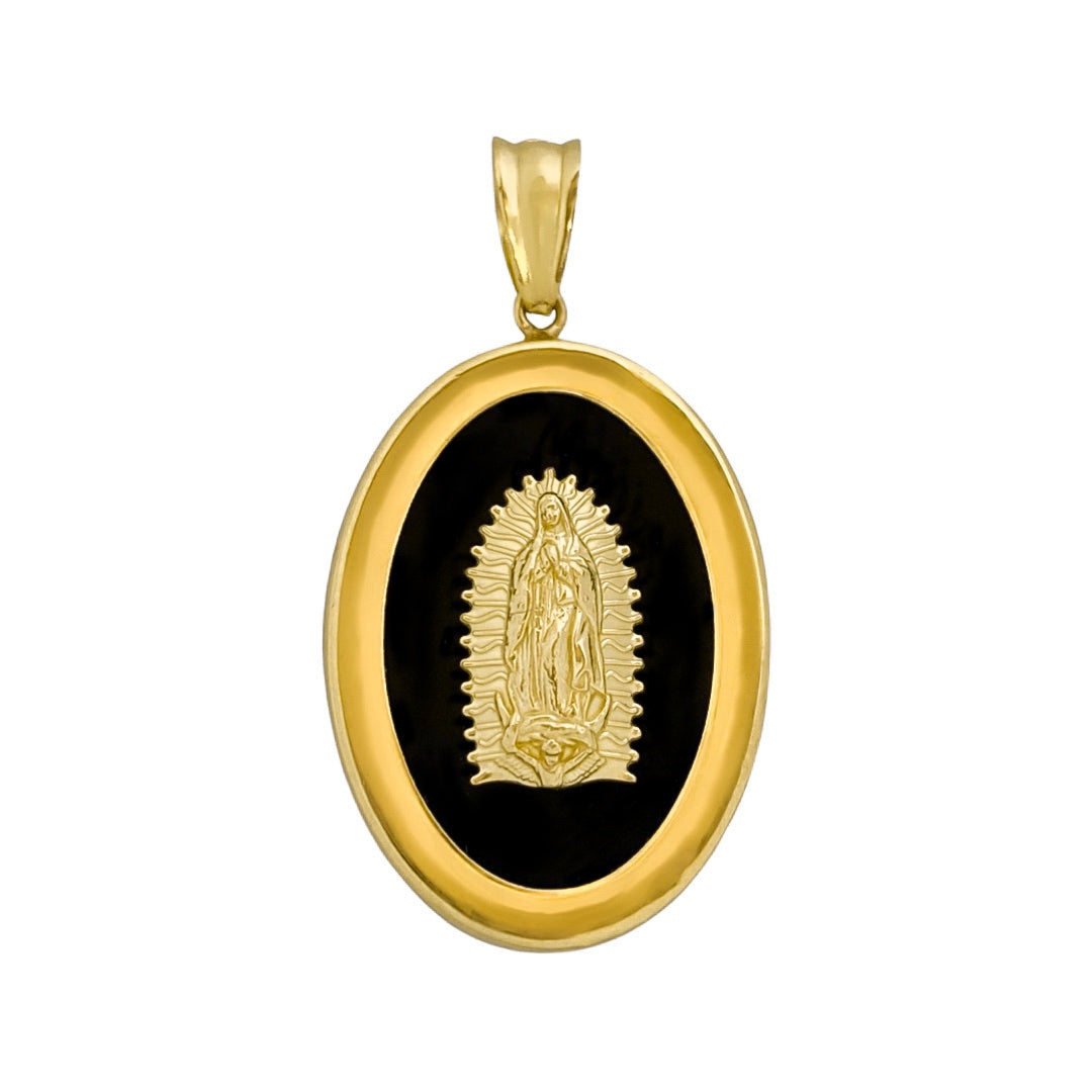 14K YELLOW GOLD ONYX VIRGIN MARY PENDANT