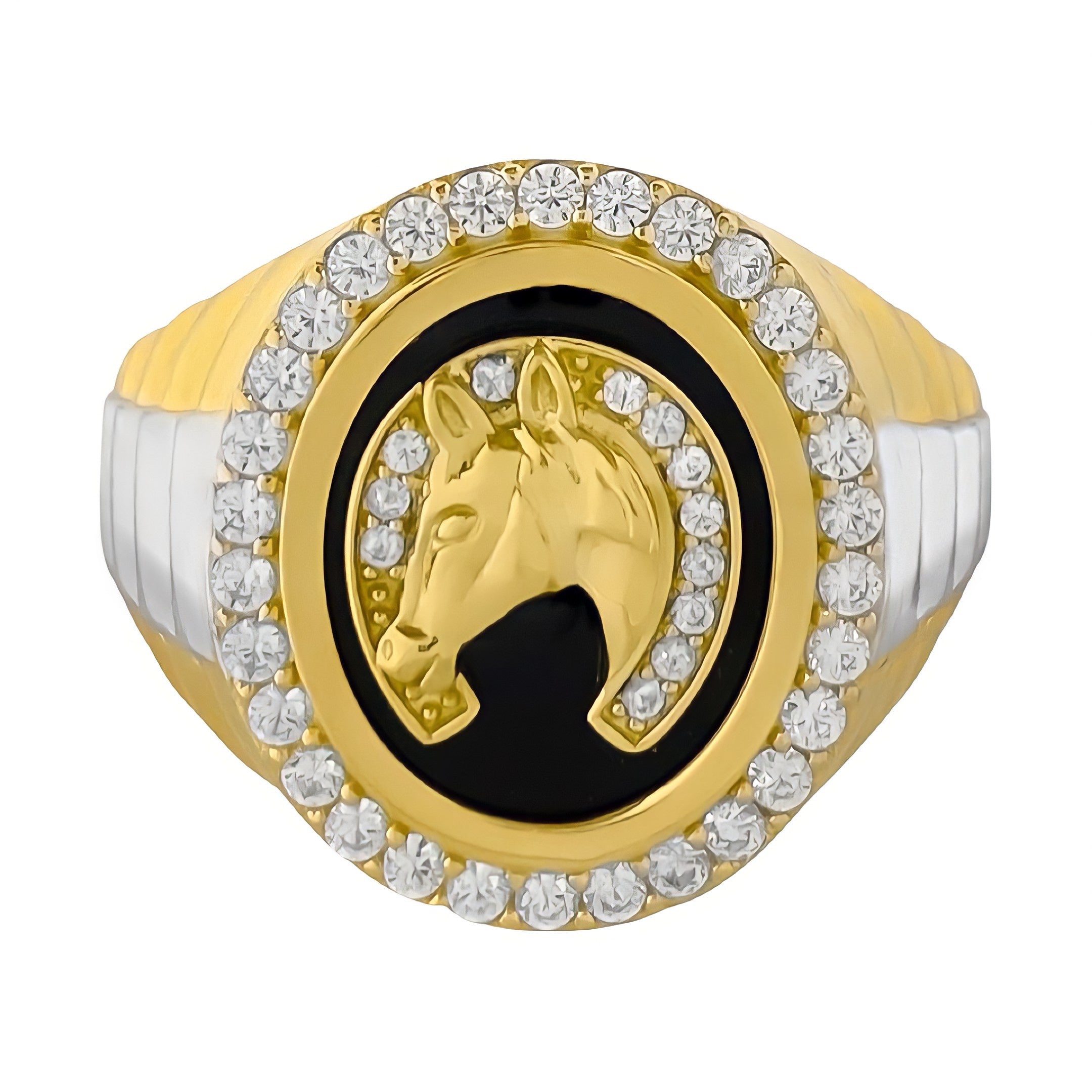 14K TWO TONED GOLD CZ BEZEL HORSESHOE RING