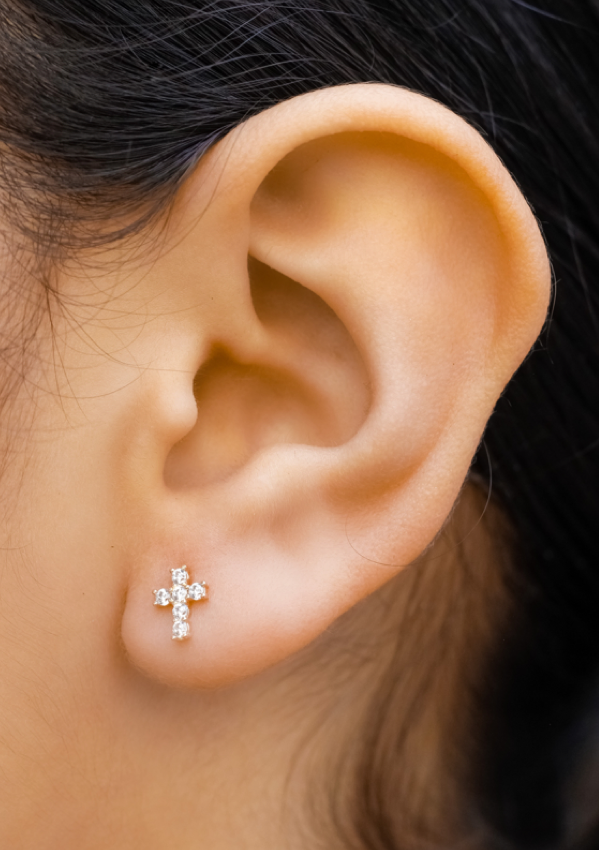 14K YELLOW GOLD MINI CZ CROSS STUDS