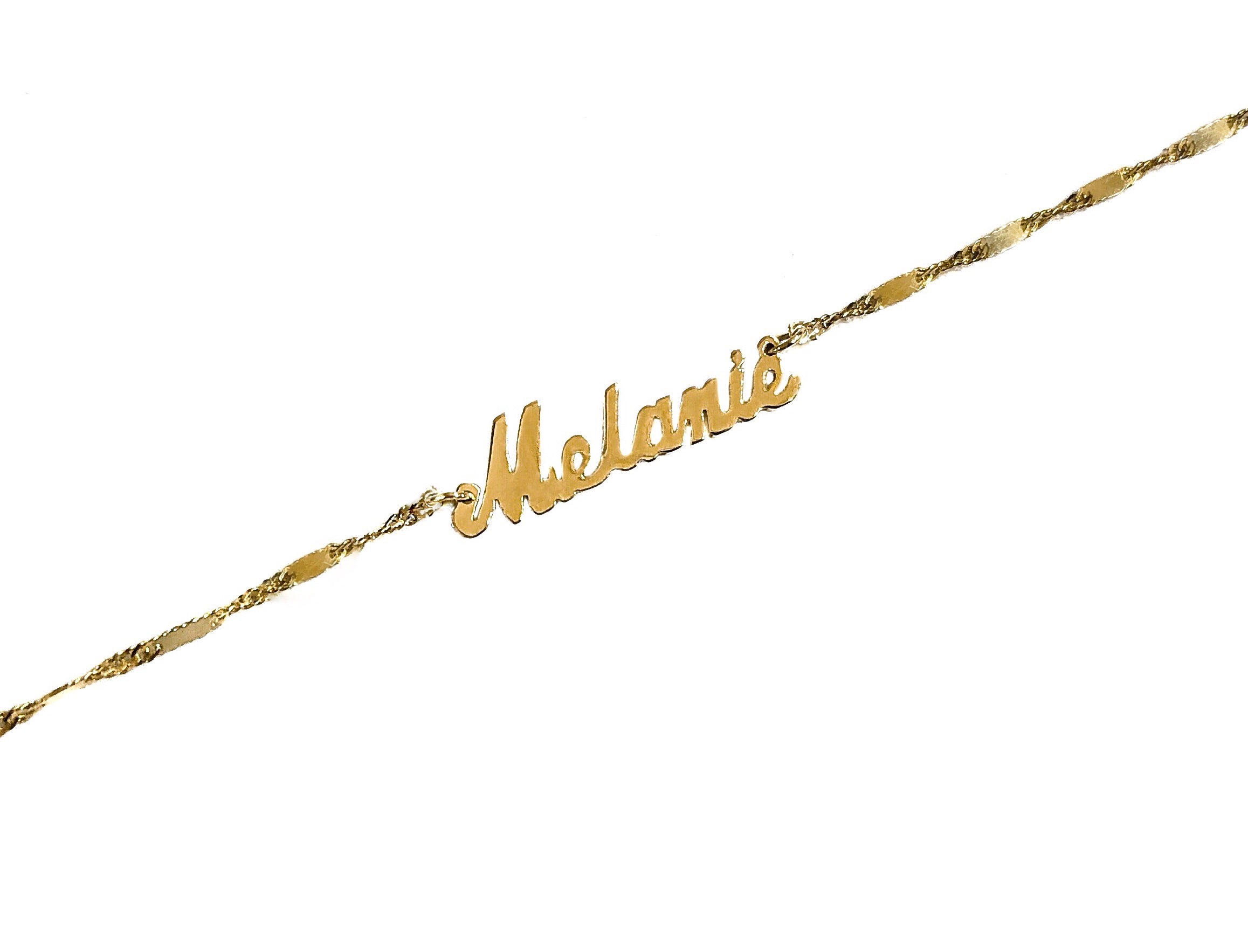 14K YELLOW GOLD MIRROR TWIST DAINTY SCRIPT NAME BRACELET -1MM