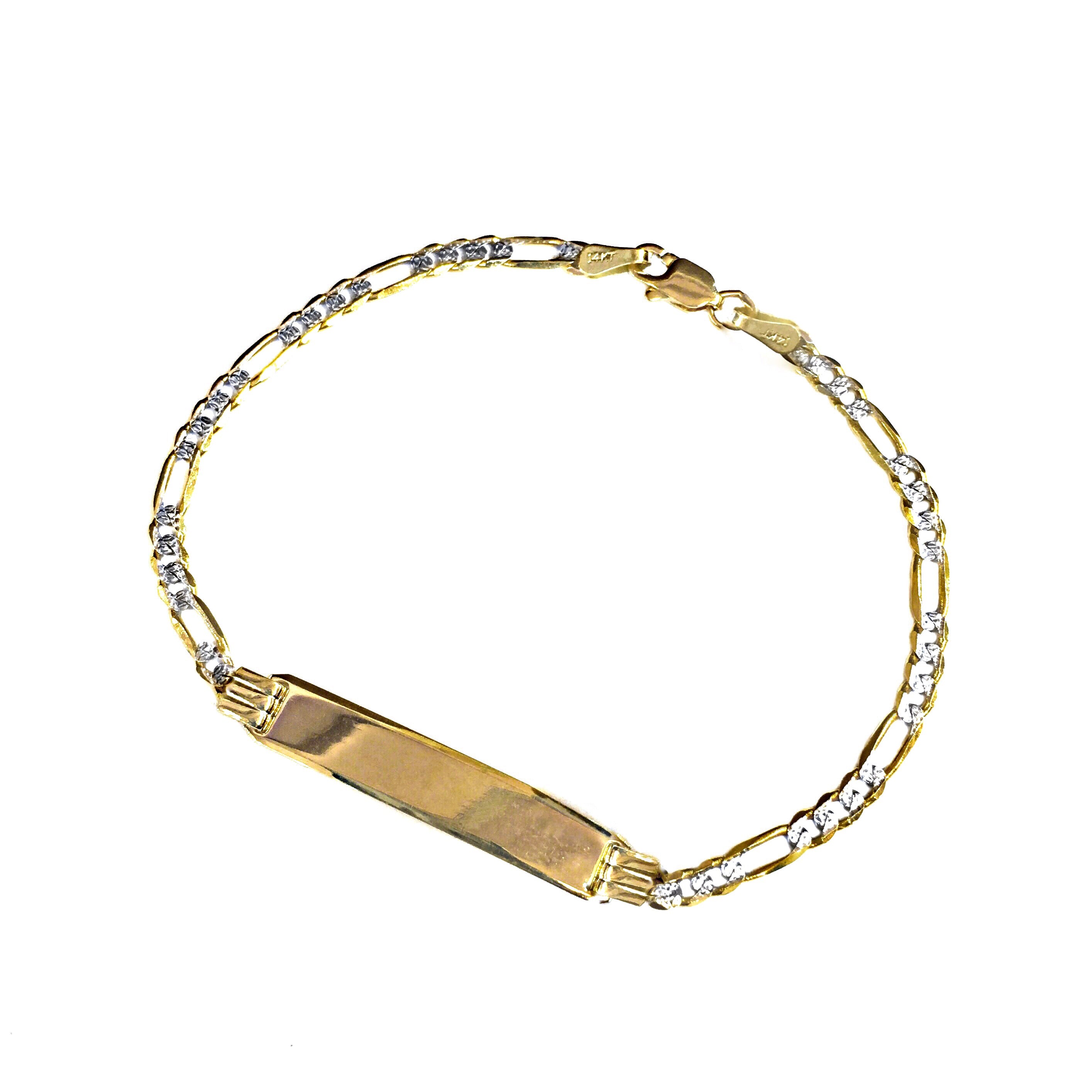 14K YELLOW GOLD FIGARO DIAMOND CUT ID CHILDRENS BRACELET 3MM -ENGRAVED