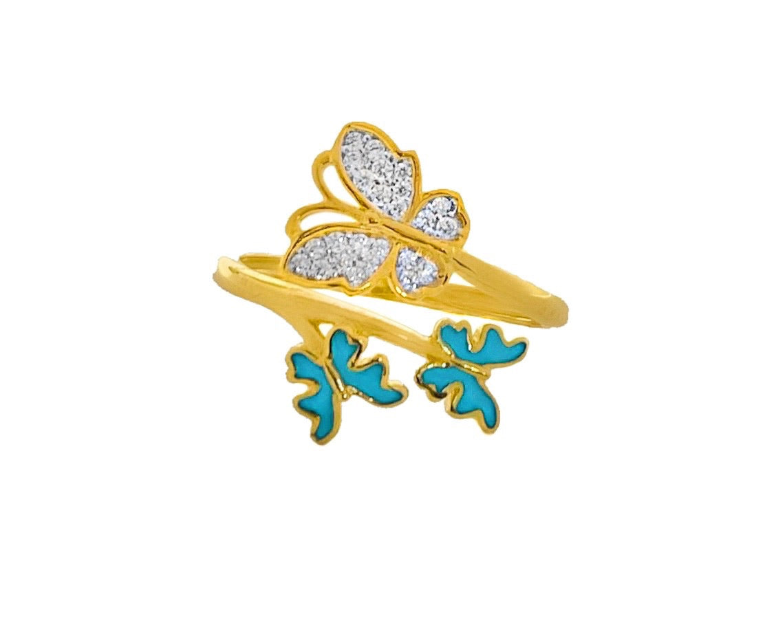 14K YELLOW GOLD PAVE TURQUOISE BUTTERFLY WRAP RING