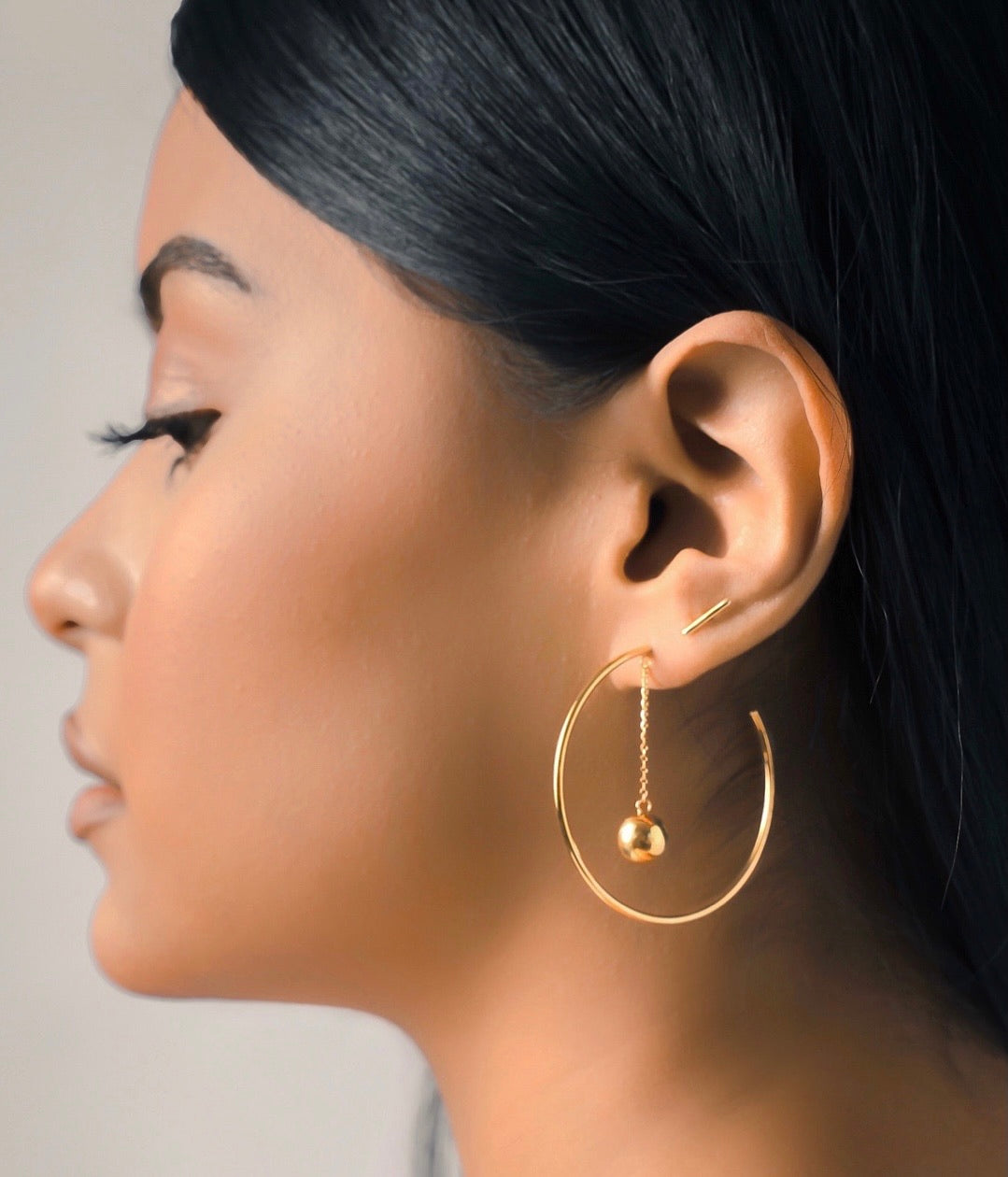 10K YELLOW GOLD BALL DROP HOOP EARRINGS
