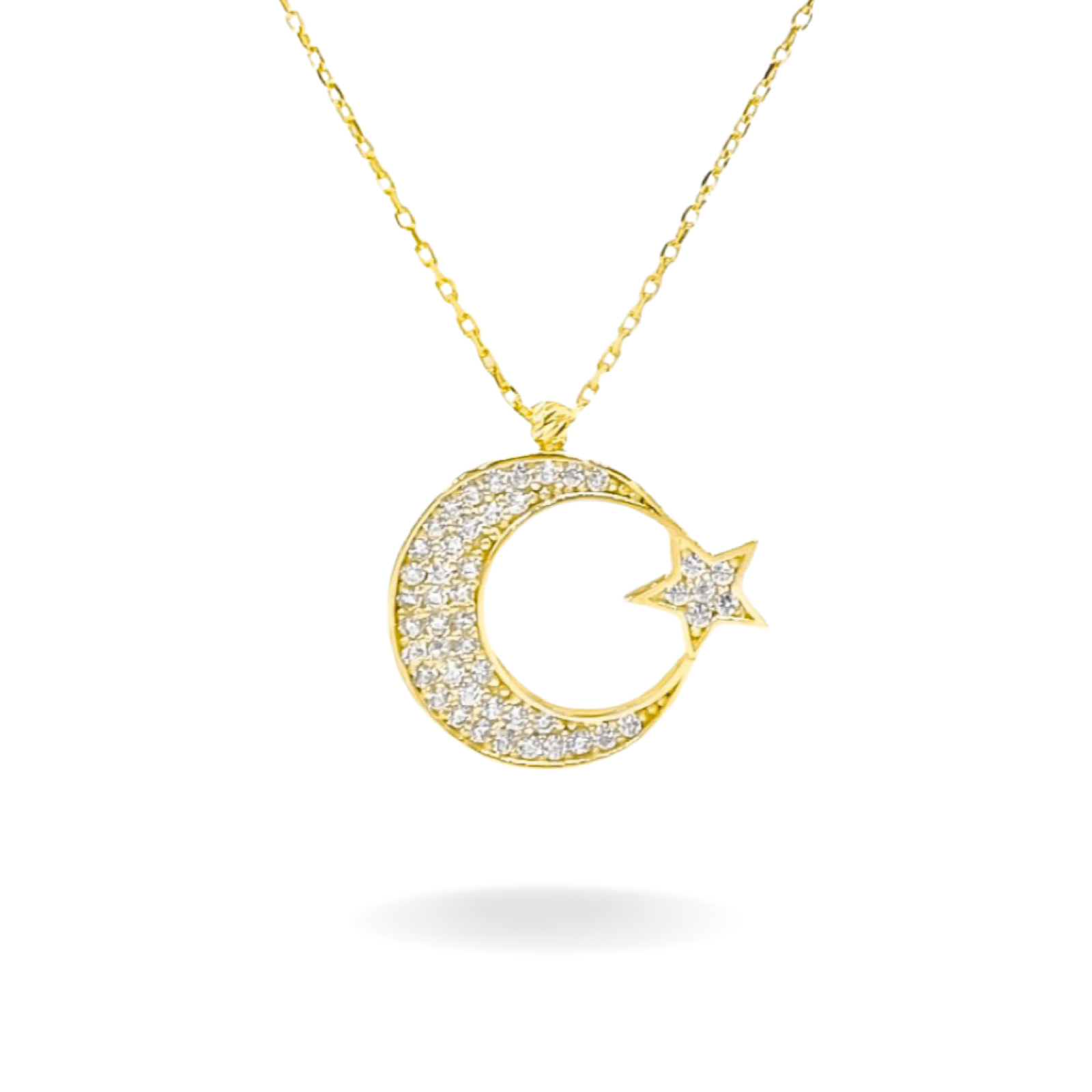 14K YELLOW GOLD PAVE MOON & STAR NECKLACE