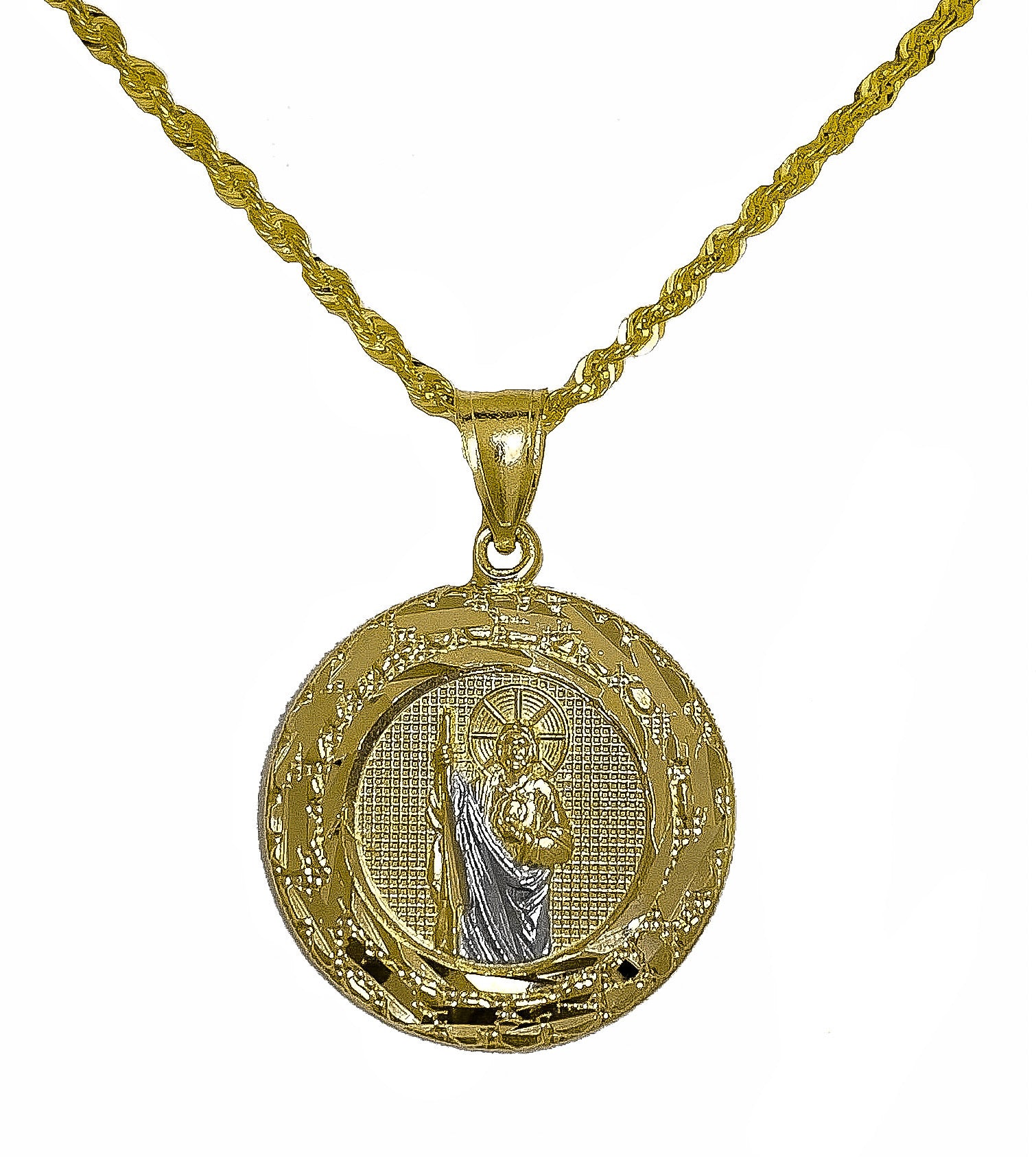 14K YELLOW GOLD SAINT JUDE DIAMOND CUT MEDALLION NECKLACE