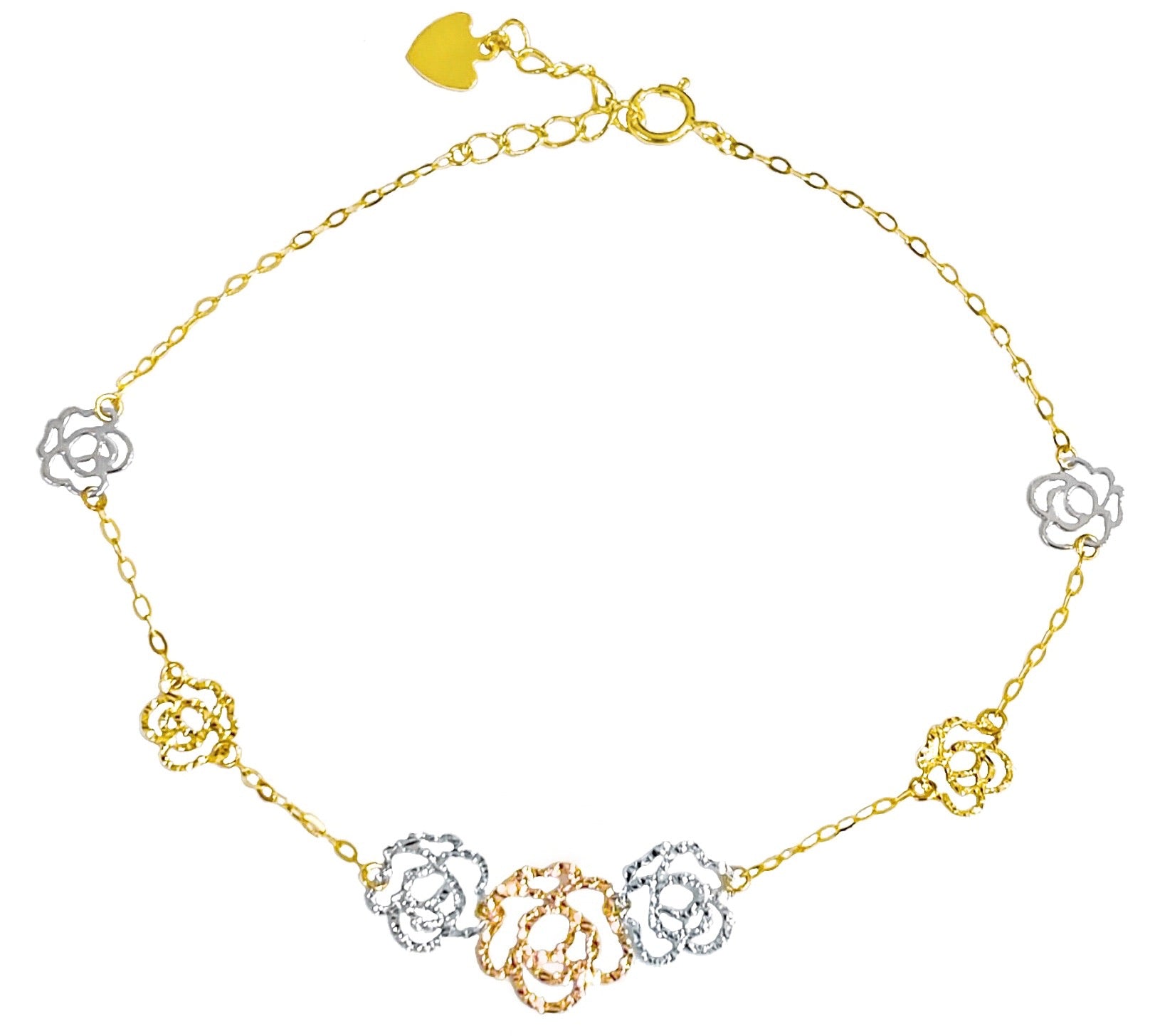 14K TRI COLOR DIAMOND-CUT ROSES BRACELET