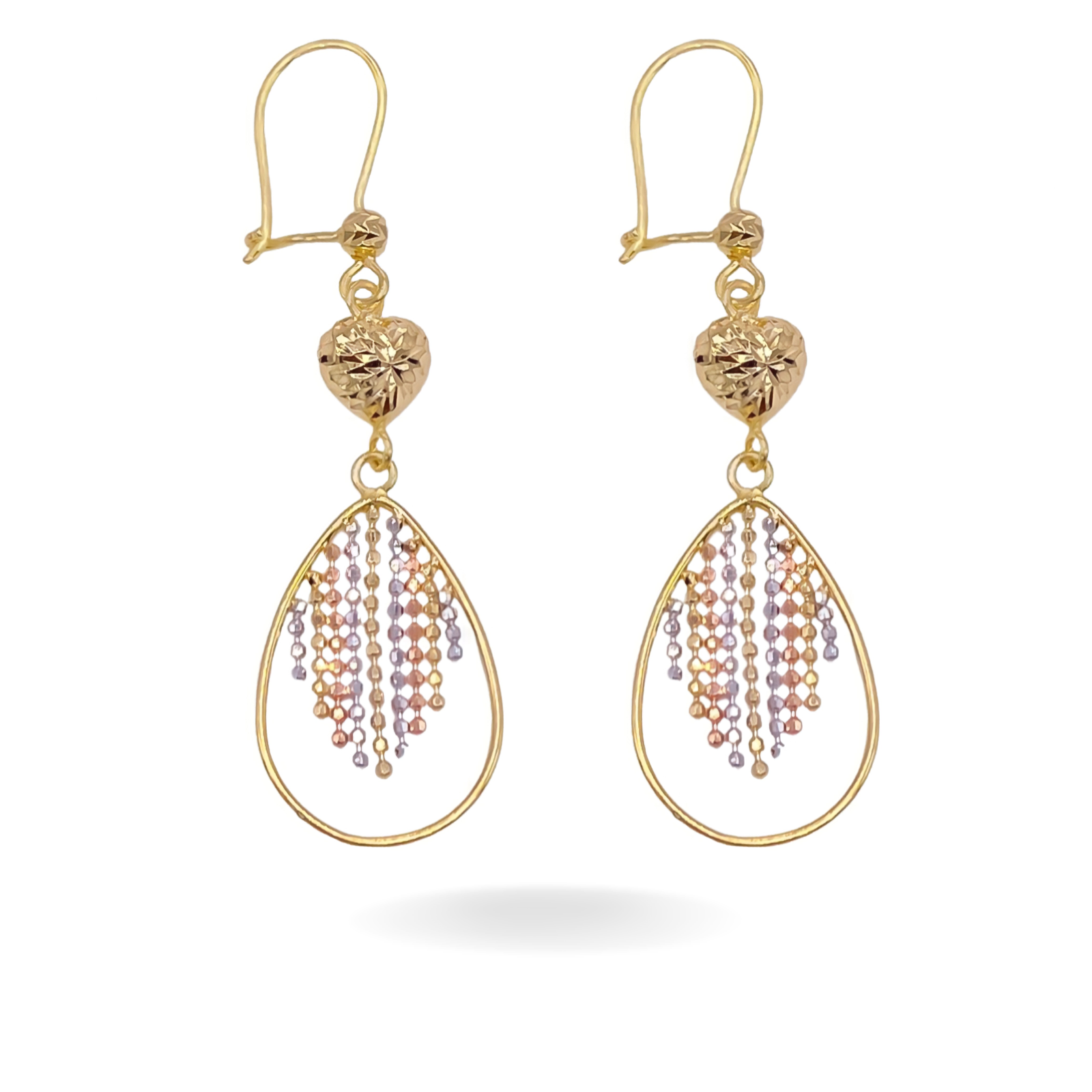 14K YELLOW GOLD PEAR TRI COLOR DROP EARRINGS